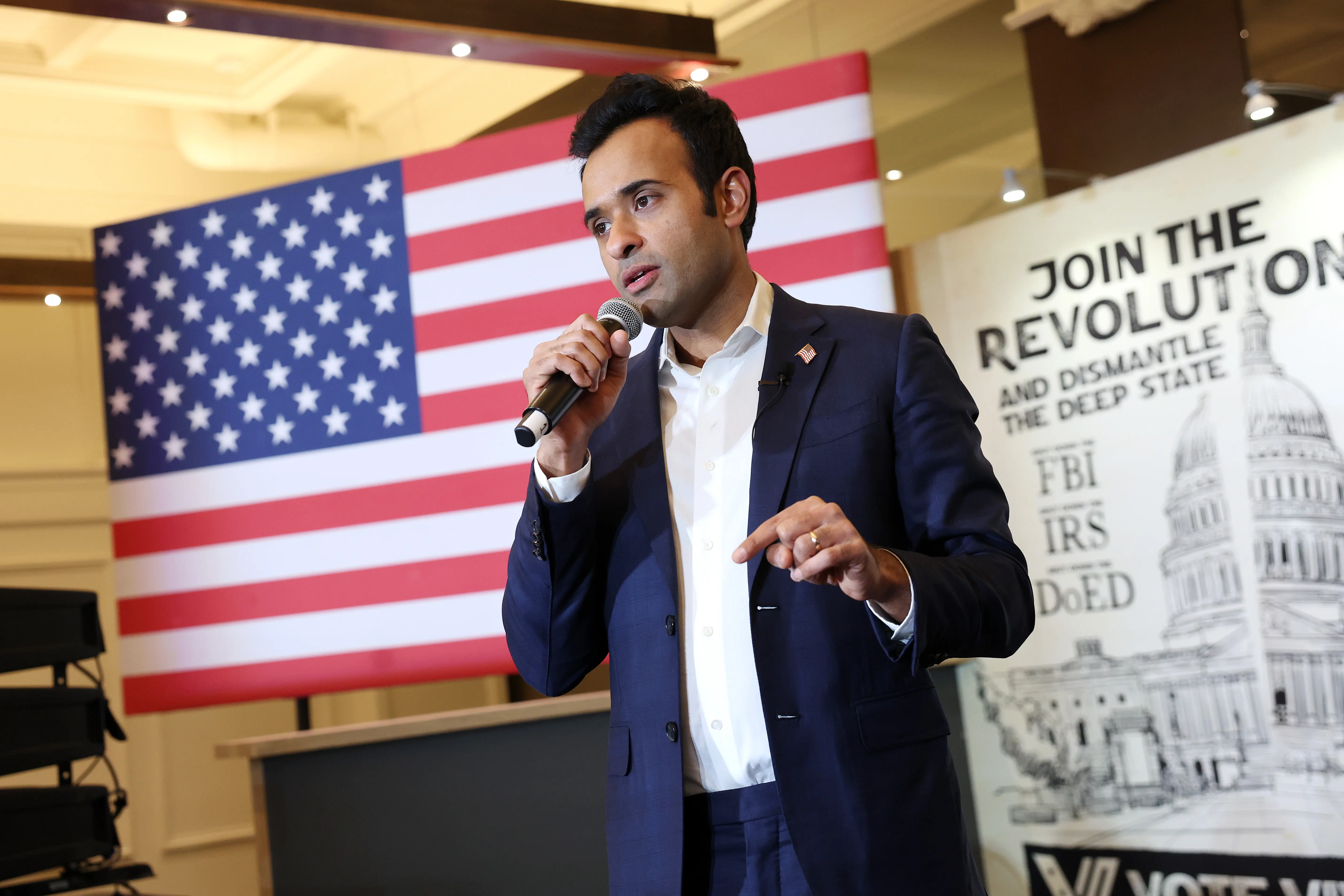 DES MOINES, IOWA - JANUARY 15: Republican presidential candidate Vivek Ramaswamy speaks at his caucus night event at the Surety Hotel on January 15, 2024 in Des Moines, Iowa. Iowans voted today in the state’s caucuses for the first contest in the 2024 Republican presidential nominating process. Ramaswamy announced he was dropping out of the race. (Photo by Kevin Dietsch/Getty Images)