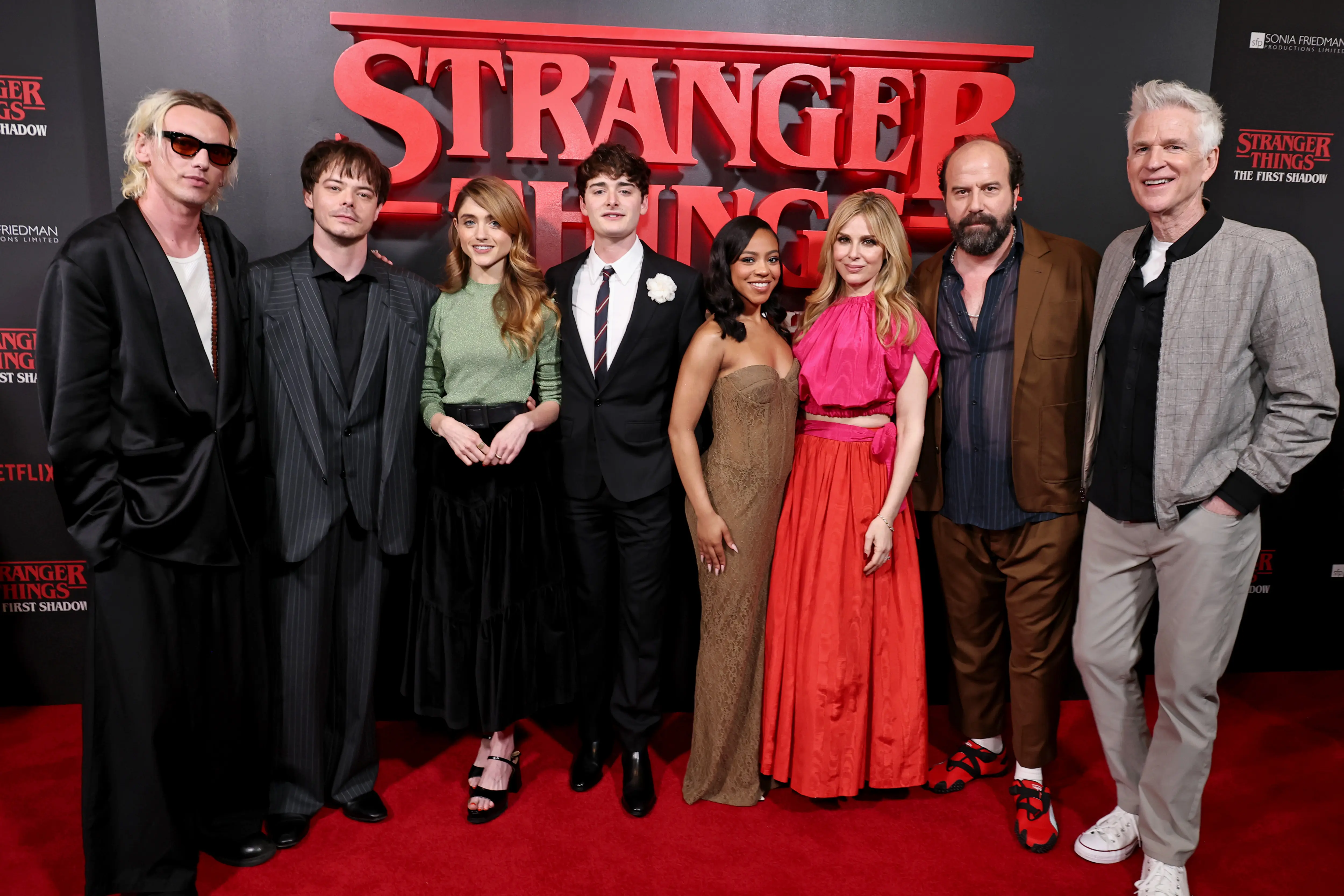 Jamie Campbell Bower, Charlie Heaton, Natalia Dyer, Noah Schnapp, Priah Ferguson, Cara Buono, Brett Gelman and Matthew Modine attend Stranger Things: The First Shadow - Broadway Opening Night at Marquis Theatre on April 22, 2025 in New York City. (Photo by Jamie McCarthy/Getty Images for Netflix)