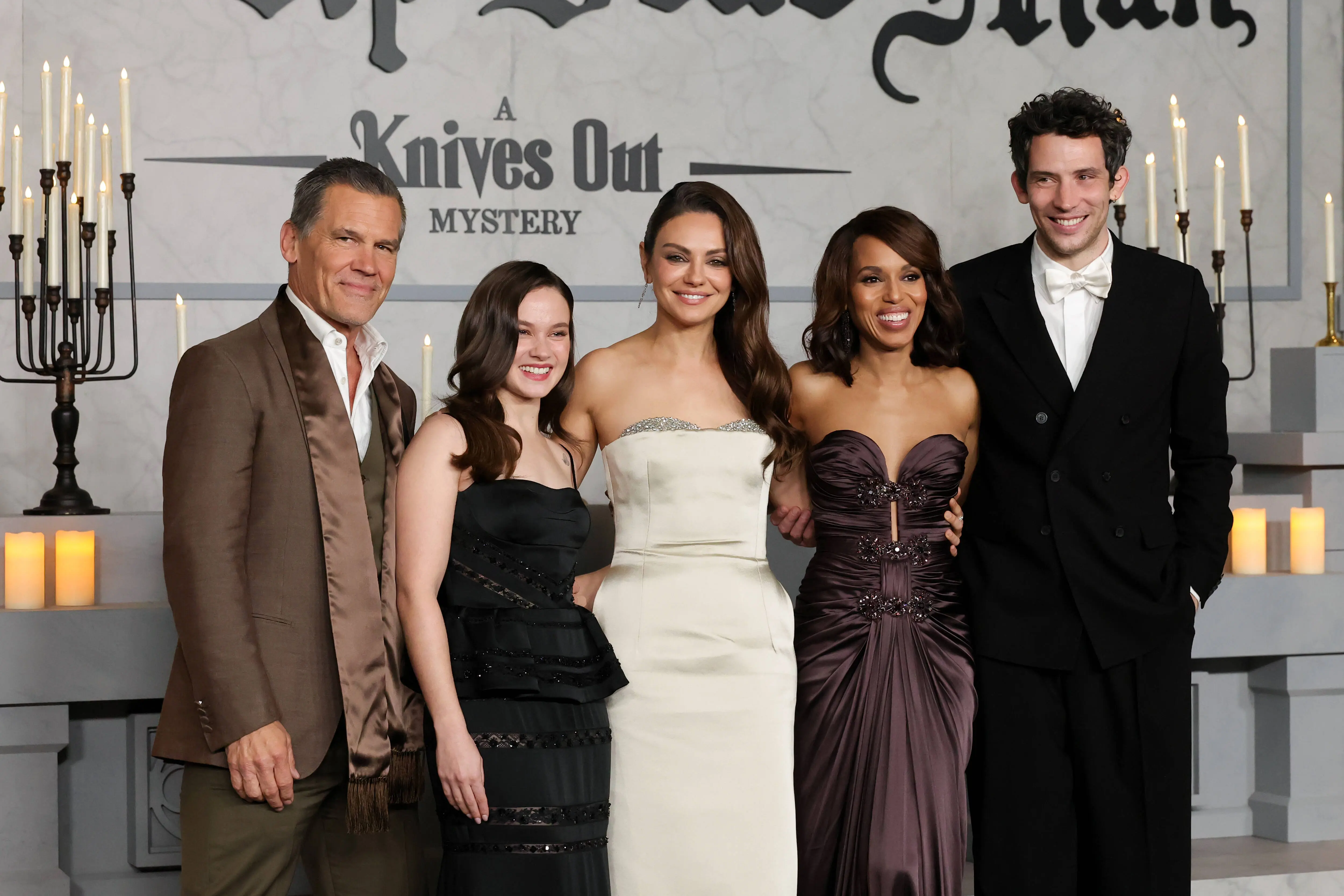 LOS ANGELES, CALIFORNIA - NOVEMBER 17: (L-R) Josh Brolin, Cailee Spaeny, Mila Kunis, Kerry Washington and Josh O'Connor attend the premiere of Netflix's "Wake Up Dead Man: A Knives Out Mystery" at Academy Museum of Motion Pictures on November 17, 2025 in Los Angeles, California. (Photo by Kevin Winter/Getty Images)