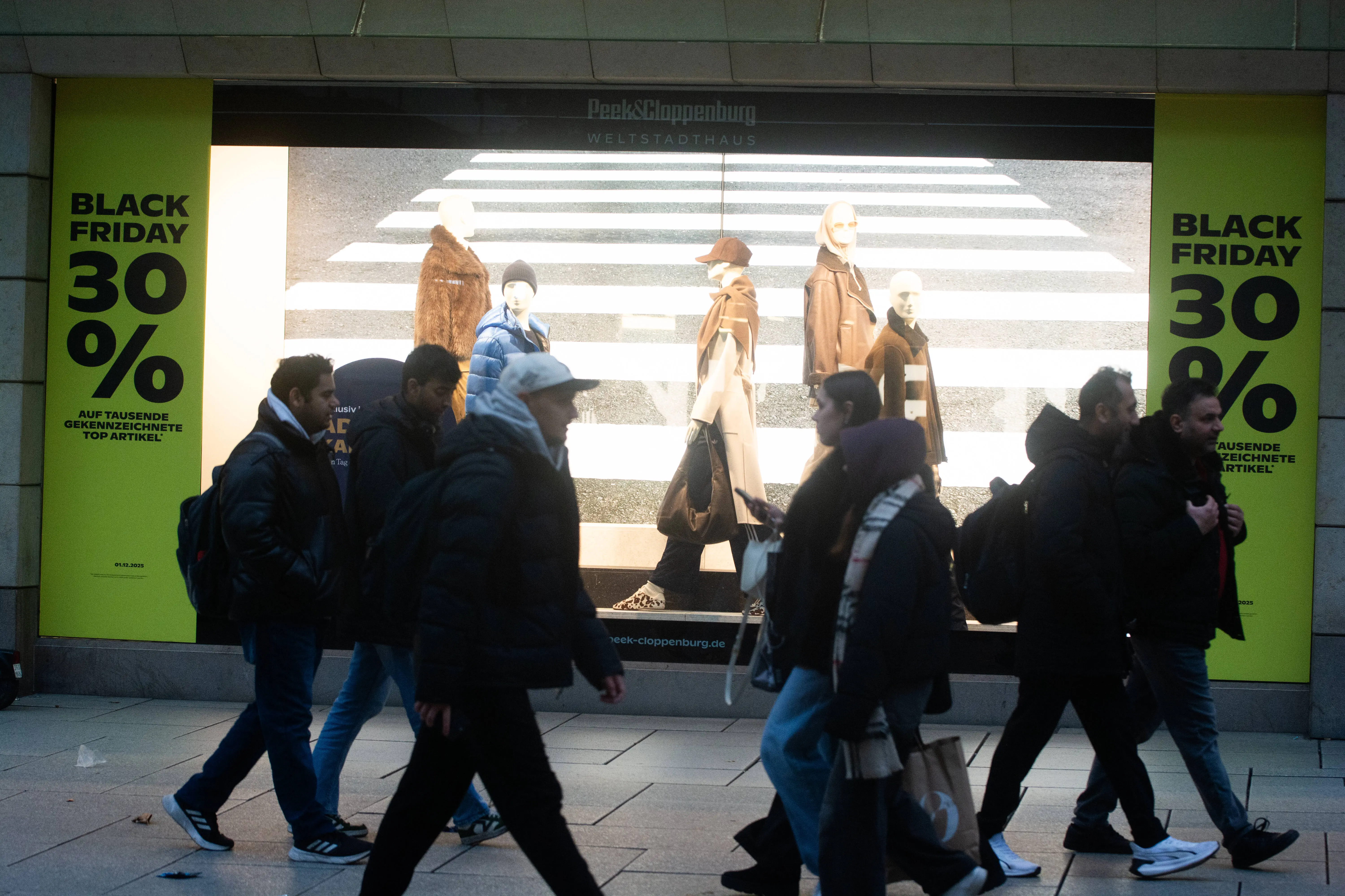 A general view of a Black Friday sign is seen in the city center of Frankfurt, Germany, on November 28, 2025. (Photo by Ying Tang/NurPhoto via Getty Images)