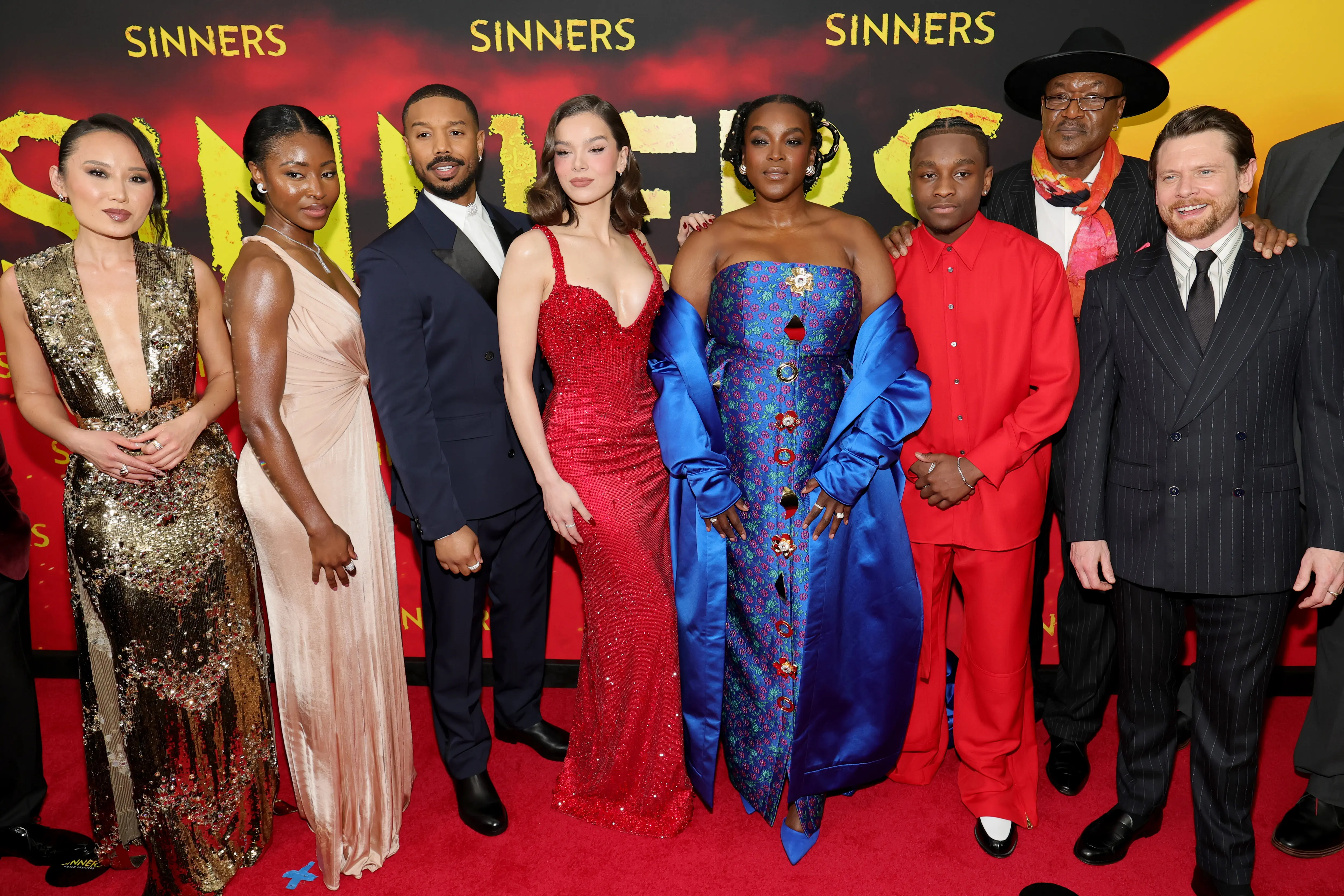 NEW YORK, NEW YORK - APRIL 03: (L-R) Li Jun Li, Jayme Lawson, Michael B. Jordan, Hailee Steinfeld, Wunmi Mosaku, Miles Caton, Delroy Lindo and Jack O'Connell attend the Warner Bros Pictures "Sinners" New York Premiere at AMC Lincoln Square Theater on April 03, 2025 in New York City. (Photo by Dia Dipasupil/Getty Images)