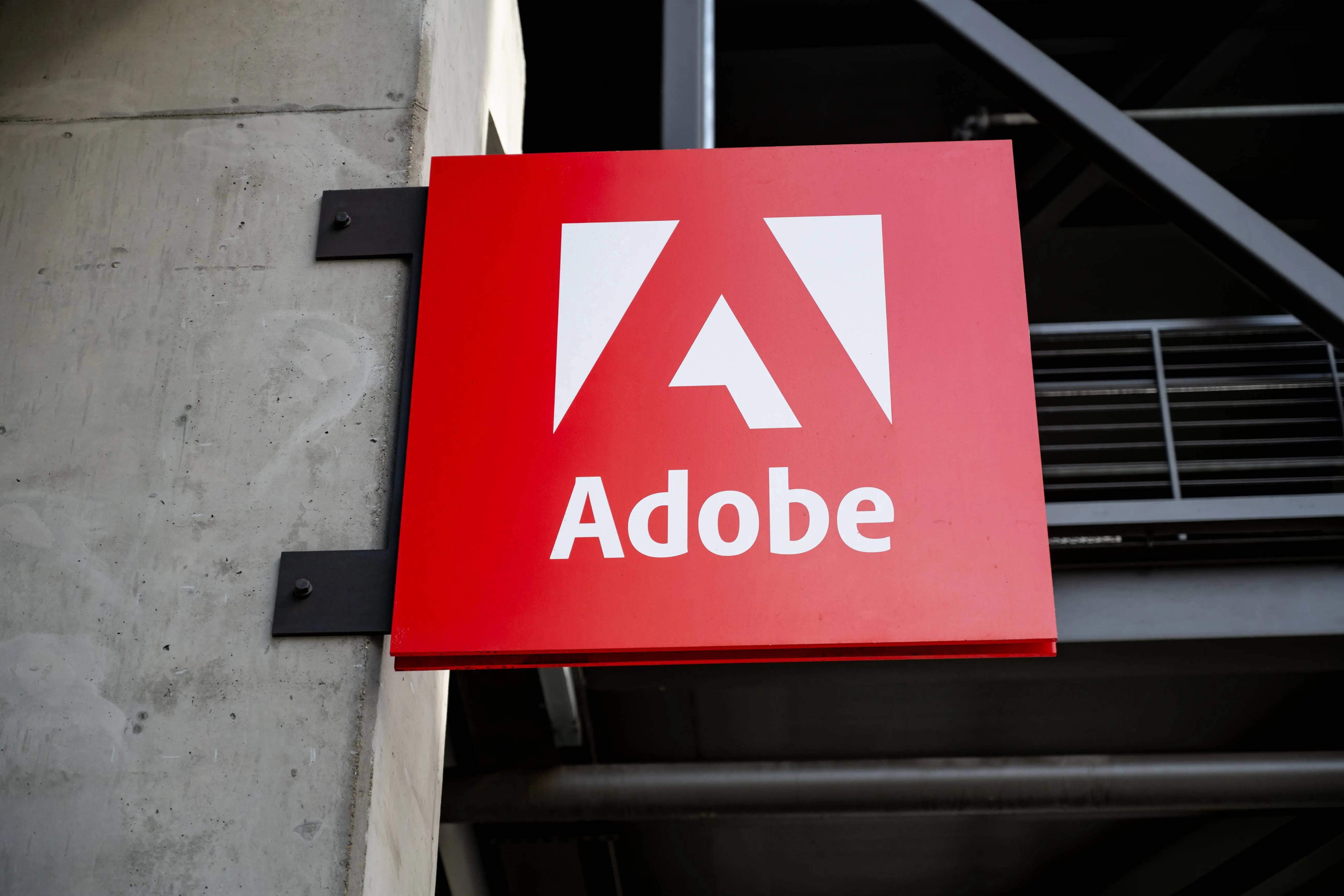 Adobe sign with logo mounted on building exterior, San Francisco, California, September 18, 2025. (Photo by Smith Collection/Gado/Getty Images)
