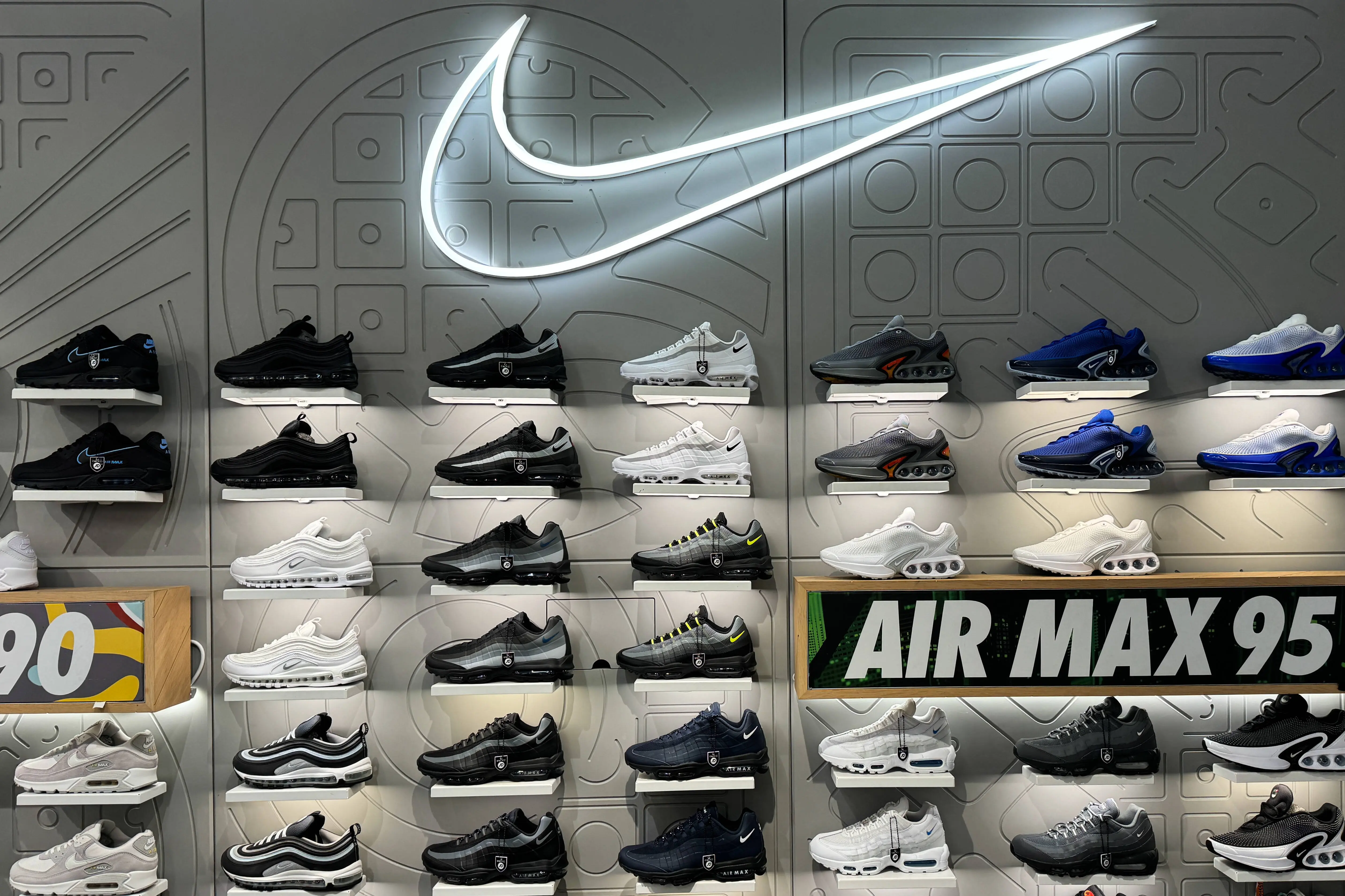 Nike shoes and logo are seen at a store in Nice, France on May 28, 2024. (Photo by Jakub Porzycki/NurPhoto via Getty Images)