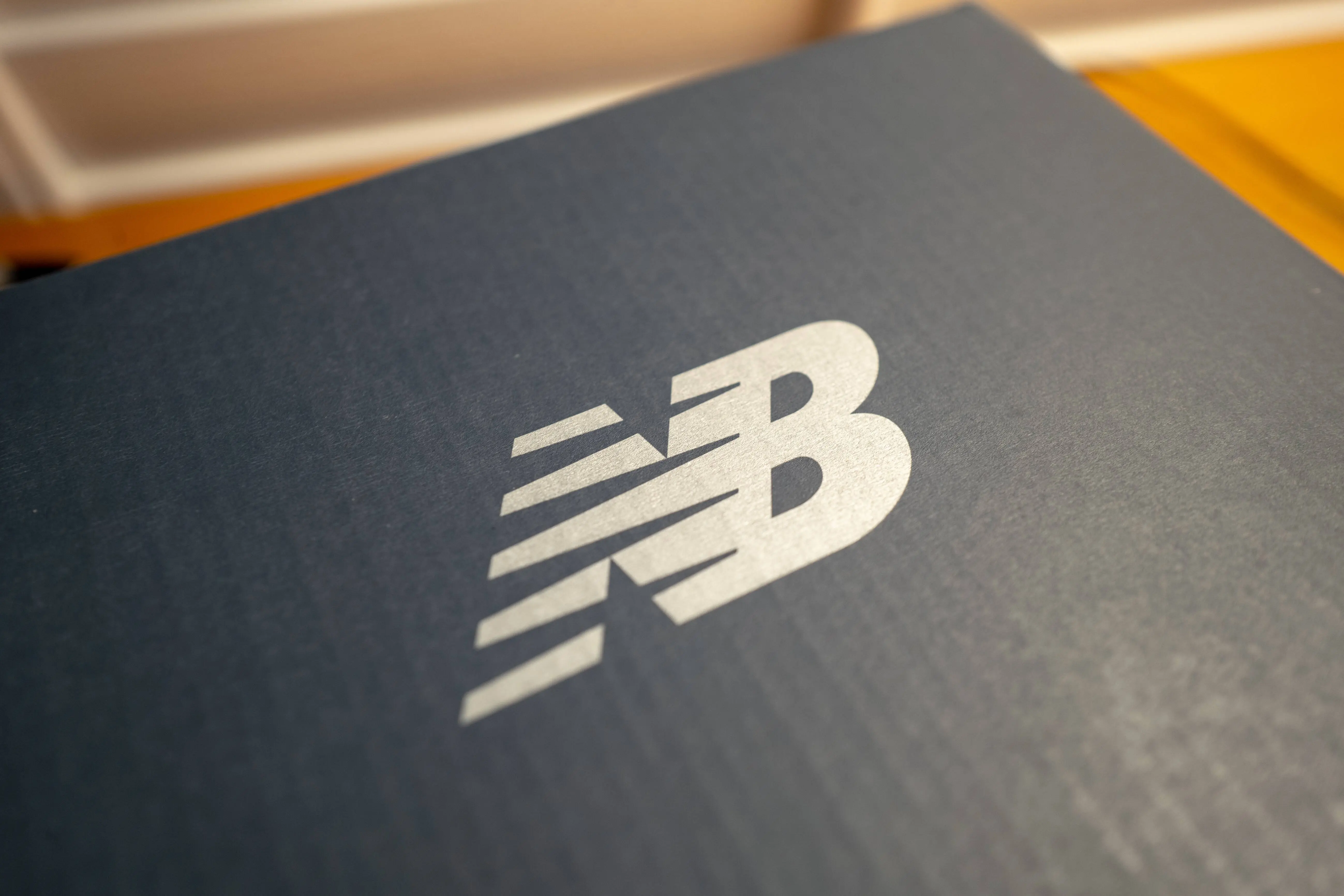 Close-up of logo for shoe company New Balance on a shoe box in a domestic room, August 22, 2019. (Photo by Smith Collection/Gado/Getty Images)