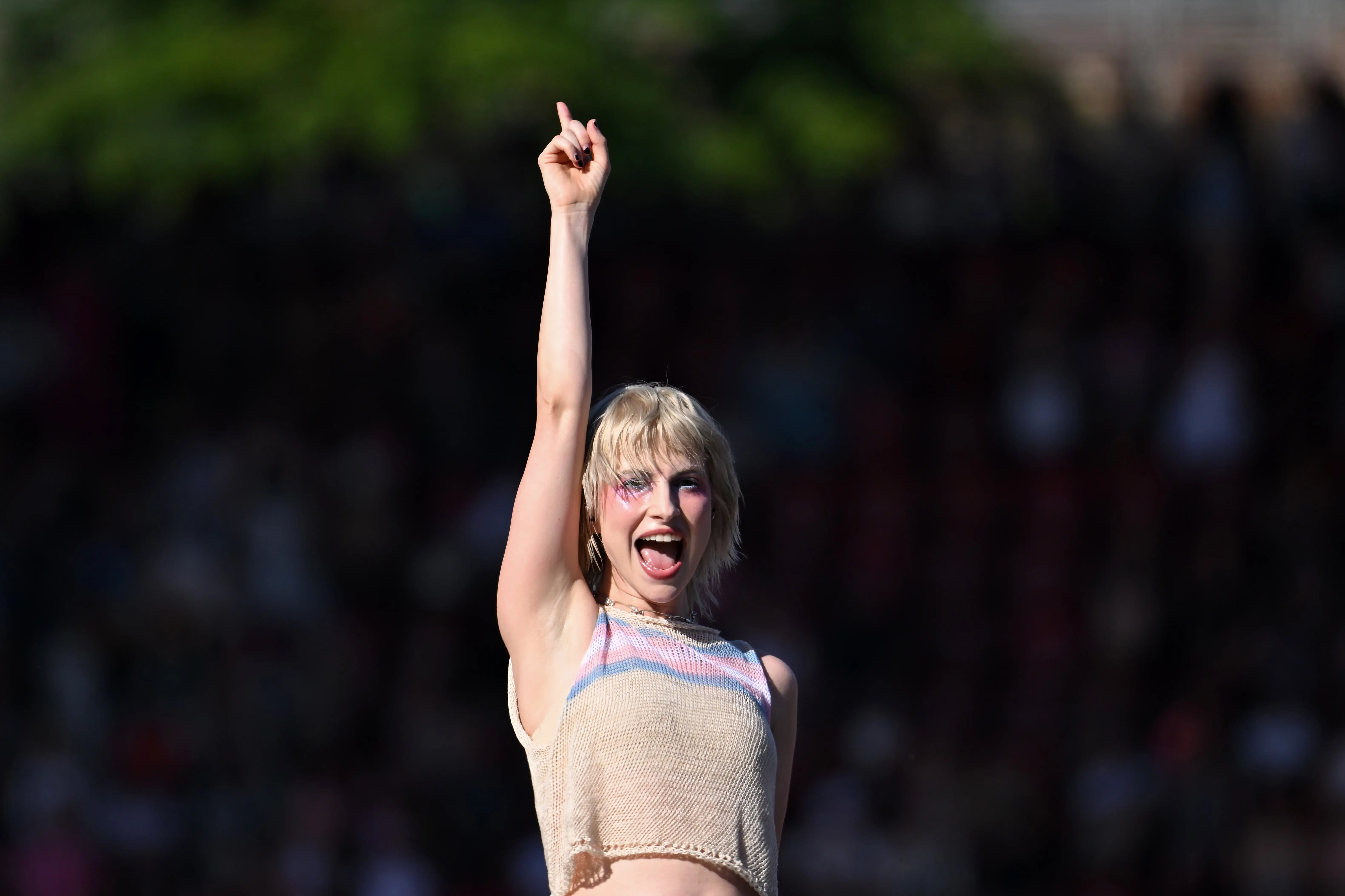 ZURICH, SWITZERLAND - JULY 09: (EDITORIAL USE ONLY. NO STANDALONE PUBLICATION USE (NO SPECIAL INTEREST OR SINGLE ARTIST PUBLICATION USE; NO BOOK USE)) Hayley Williams of Paramore performs onstage ahead the "Taylor Swift | The Eras Tour" at Stadion Letzigrund Zürich on July 09, 2024 in Zurich, Switzerland. (Photo by Noam Galai/TAS24/Getty Images for TAS Rights Management )