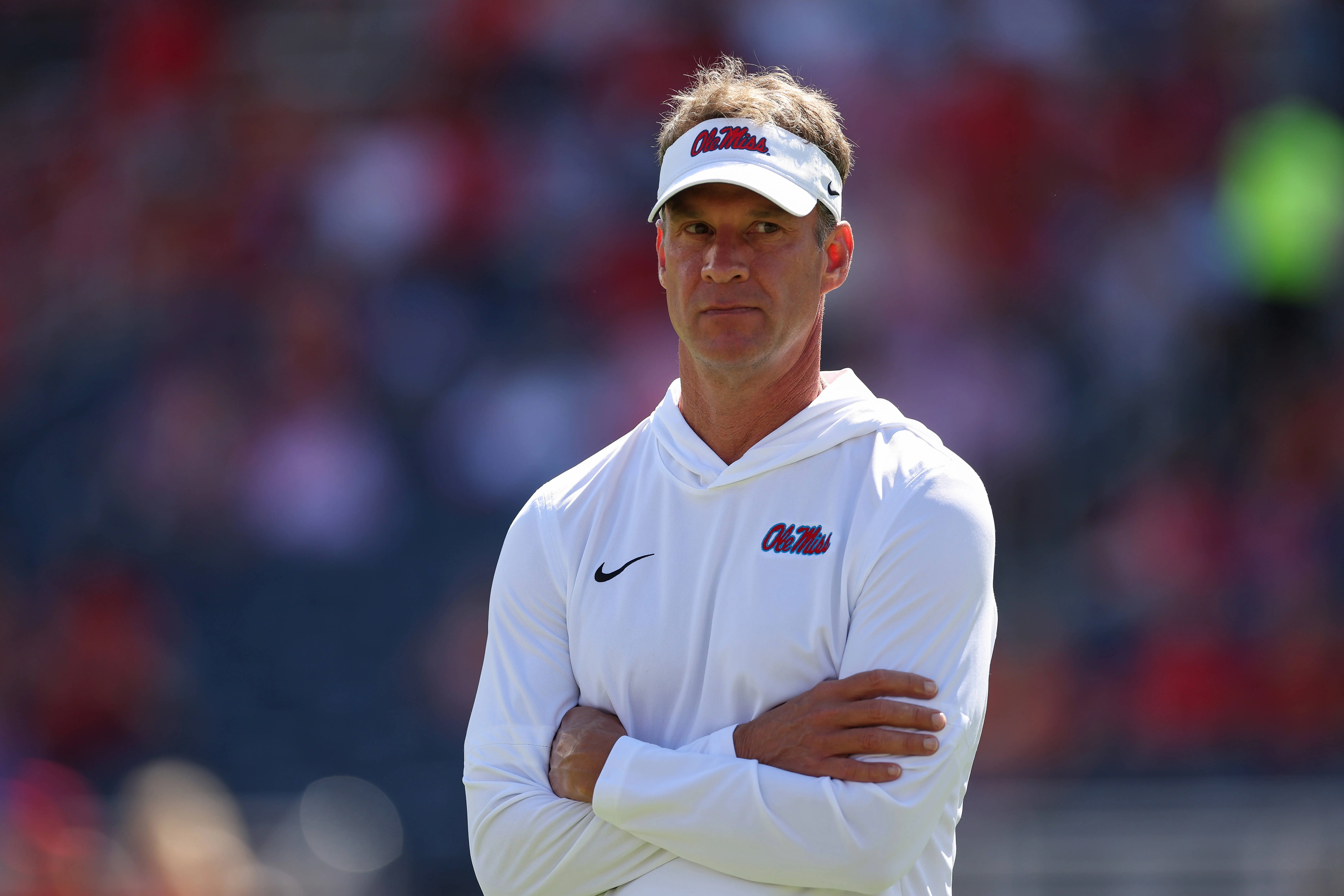 OXFORD, MISSISSIPPI - SEPTEMBER 27: Lane Kiffin, Head Coach of the Mississippi Rebels, is seen during warm-ups before the college football game against the Louisiana State Tigers at Vaught-Hemingway Stadium on September 27, 2025 in Oxford, Mississippi. (Photo by Randy J. Williams/Getty Images)
