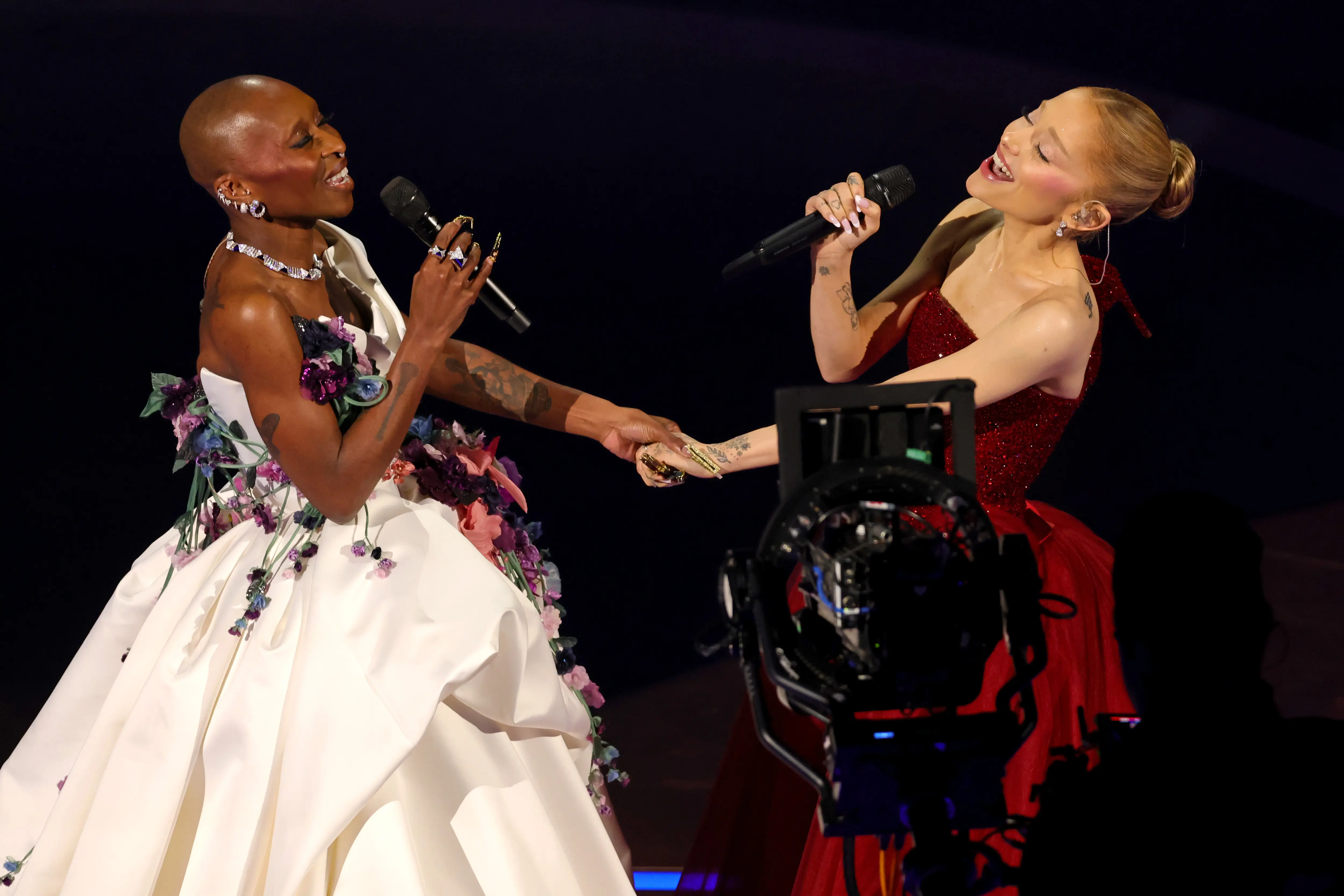 HOLLYWOOD, CALIFORNIA - MARCH 02: (L-R) Cynthia Erivo and Ariana Grande perform onstage during the 97th Annual Oscars at Dolby Theatre on March 02, 2025 in Hollywood, California.  (Photo by Kevin Winter/Getty Images)