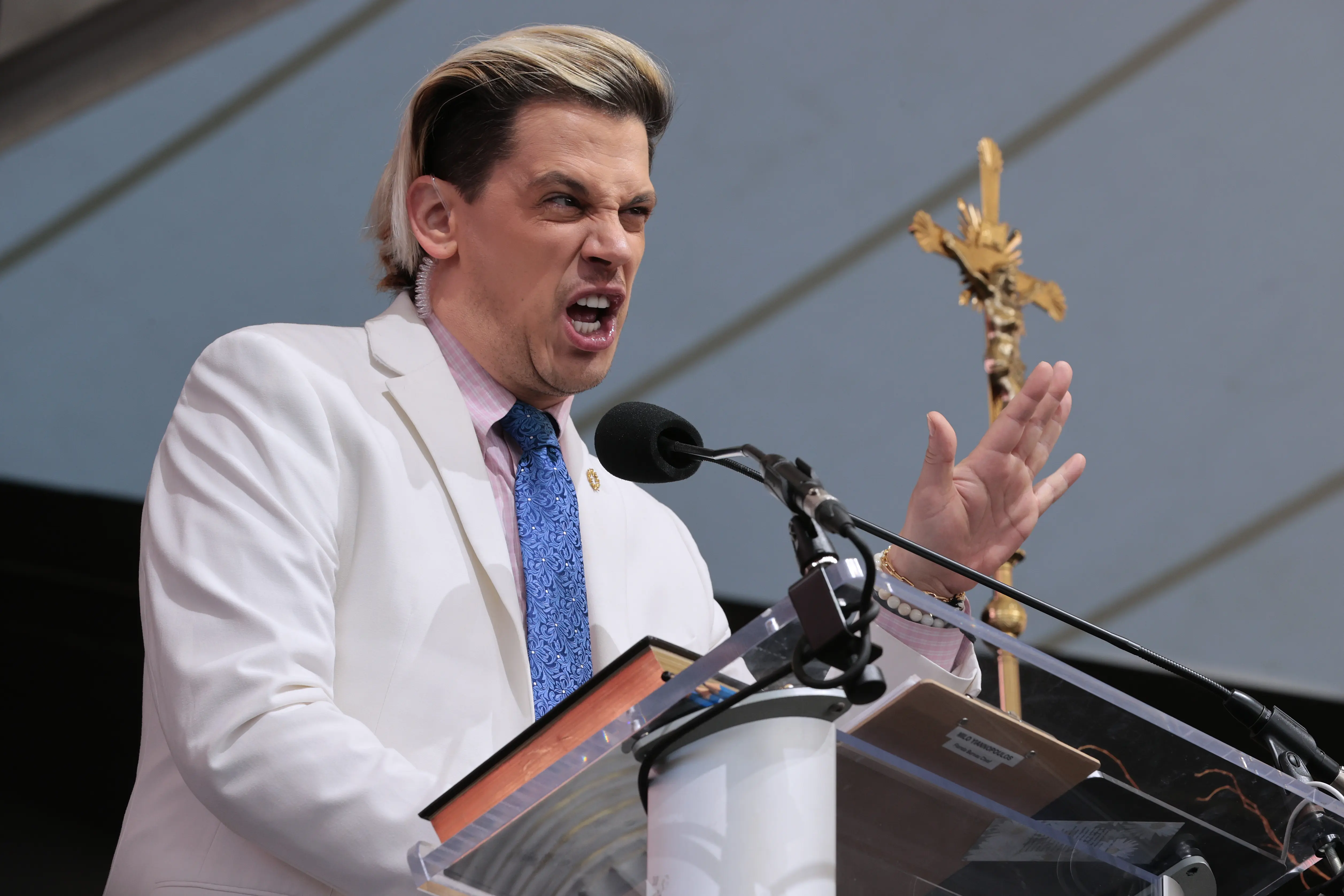 British far-right political pundit Milo Yiannopoulos hosts the ‘Bishops Enough Is Enough’ rally at the MECU Pavilion November 16, 2021 in Baltimore, Maryland. Organized to coincide and run counter to the U.S. Conference of Catholic Bishops at the nearby Marriott Baltimore Waterfront, the conservative prayer meeting and convention was organized by the far-right Catholic news outlet Saint Michael’s Media, also known as Church Militant. (Photo by Chip Somodevilla/Getty Images)