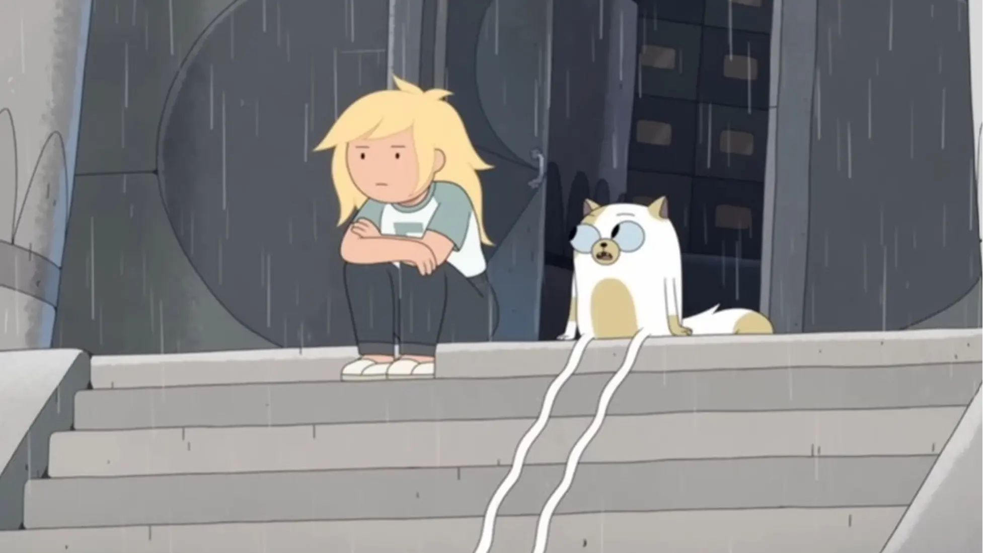 Fionna and Cake sit in the rain on the Sweet Spot steps after the wizard-eyes reveal in Adventure Time: Fionna and Cake season 2 episode 7 (Image via HBO MAX))