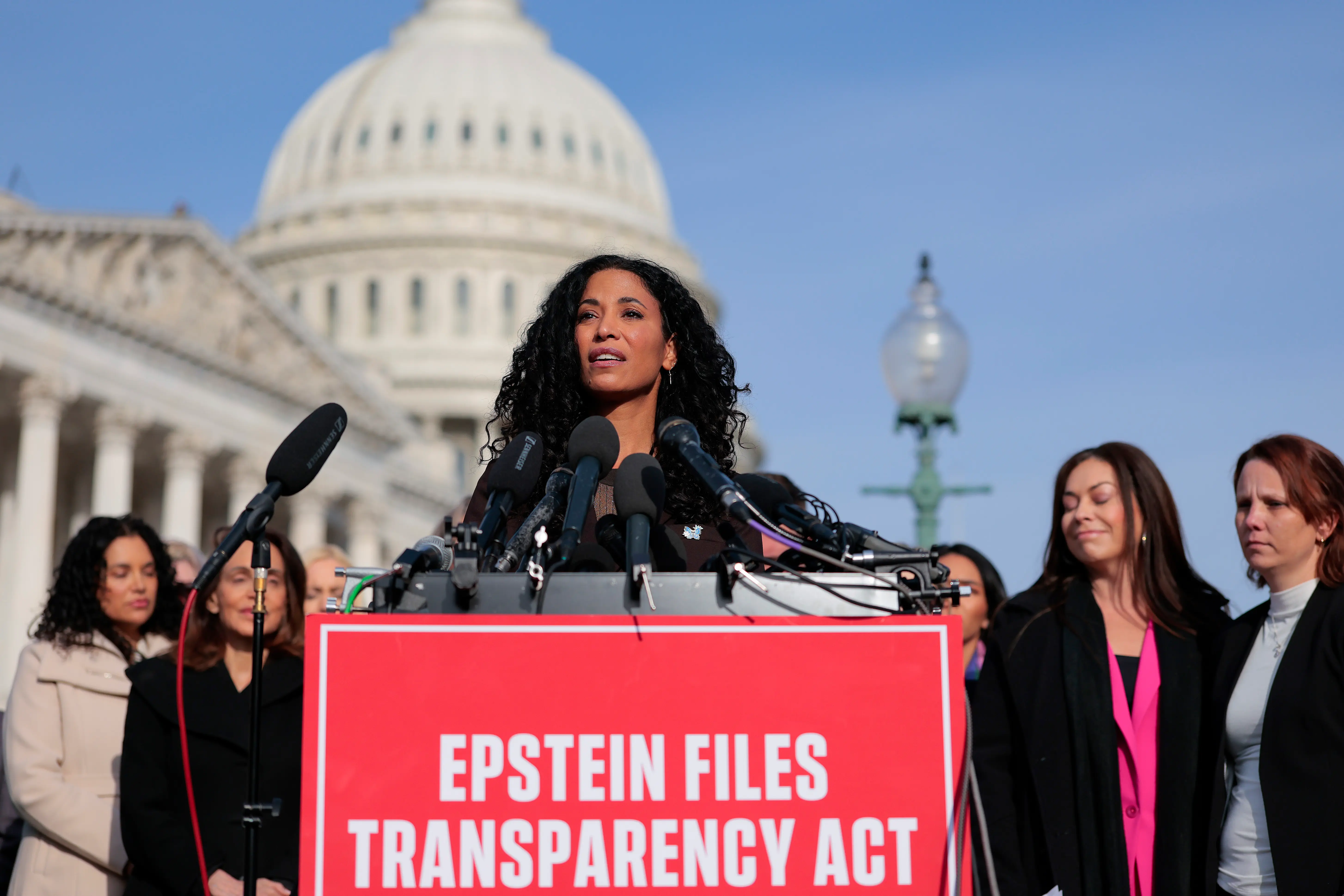 Epstein abuse survivor Lisa Phillips speaks during a news conference with lawmakers on the Epstein Files Transparency Act outside the U.S. Capitol on November 18, 2025 in Washington, DC. The House is expected to vote today on the legislation, which instructs the U.S. Department of Justice to release all files related to the late accused sex trafficker Jeffrey Epstein. (Photo by Heather Diehl/Getty Images)