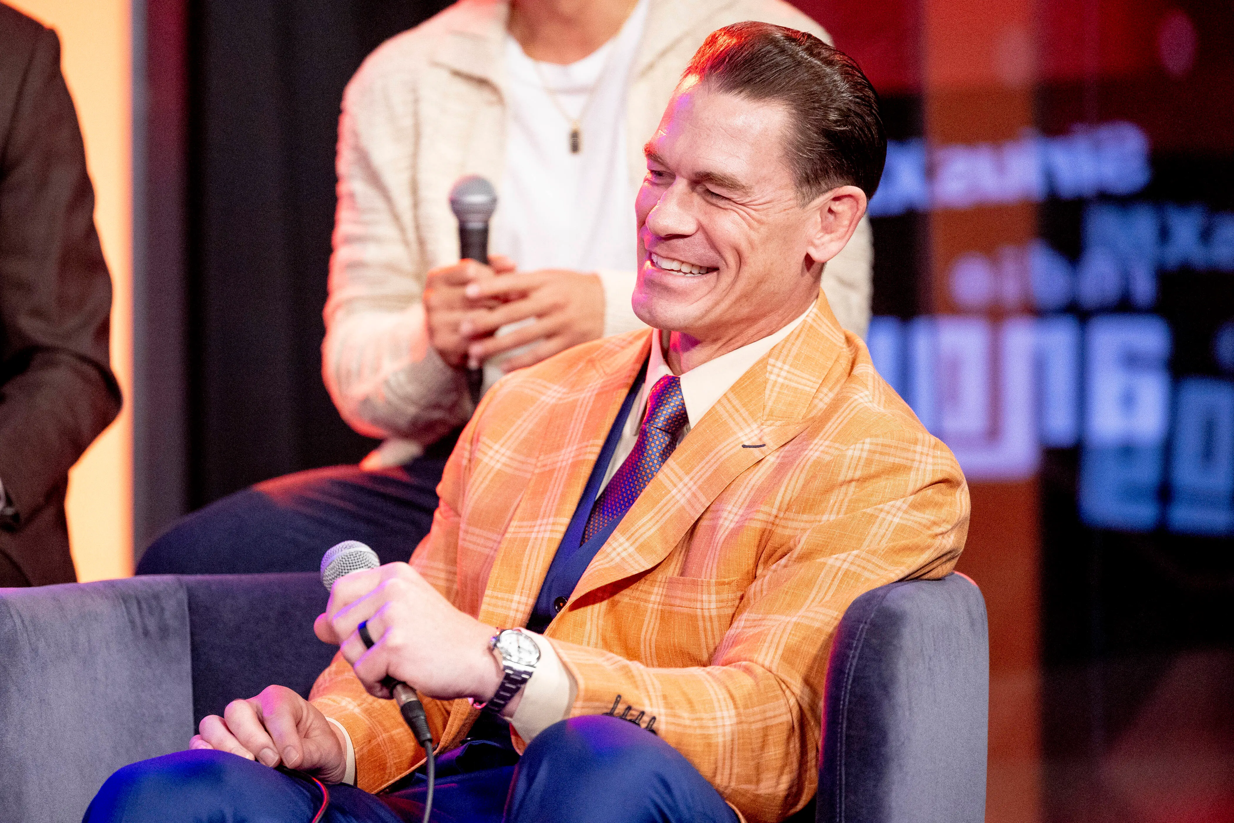 In this image released on August 15, John Cena attends SiriusXM's Town Hall with the cast and director of 'Jackpot' at SiriusXM studios on August 13, 2024 in Los Angeles, California. (Photo by Emma McIntyre/Getty Images for SiriusXM)