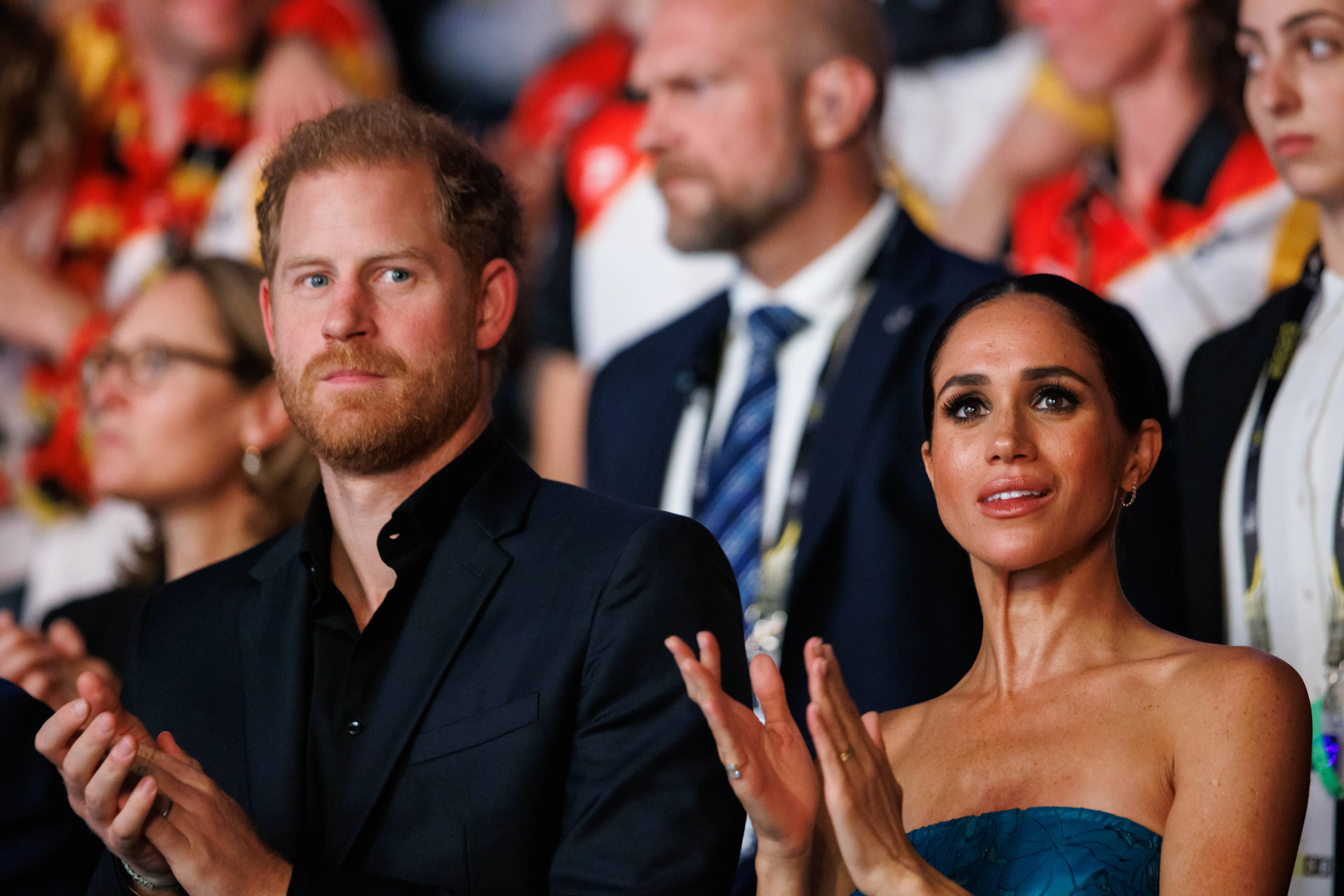 DUSSELDORF, GERMANY - SEPTEMBER 16: Prince Harry, Duke of Sussex and Meghan, Duchess of Sussex are seen during the closing ceremony of the Invictus Games Düsseldorf 2023 at Merkur Spiel-Arena on September 16, 2023 in Duesseldorf, Germany. (Photo by Joshua Sammer/Getty Images)