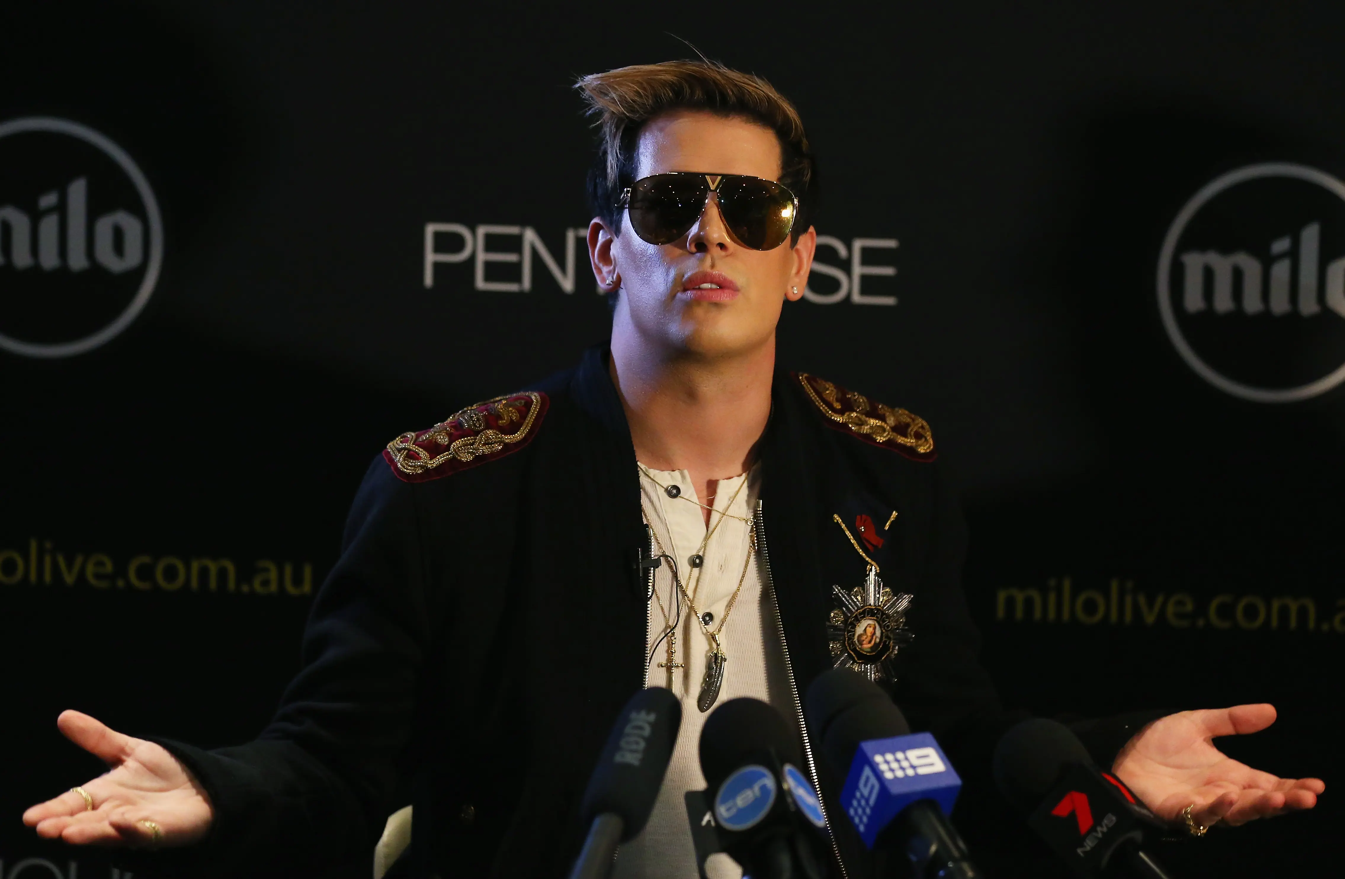 SYDNEY, AUSTRALIA - NOVEMBER 29:  Milo Yiannopoulos speaks during a press conference on November 29, 2017 in Sydney, Australia. Yiannopoulos is in Australia for his Troll Academy Tour.  (Photo by Don Arnold/WireImage)
