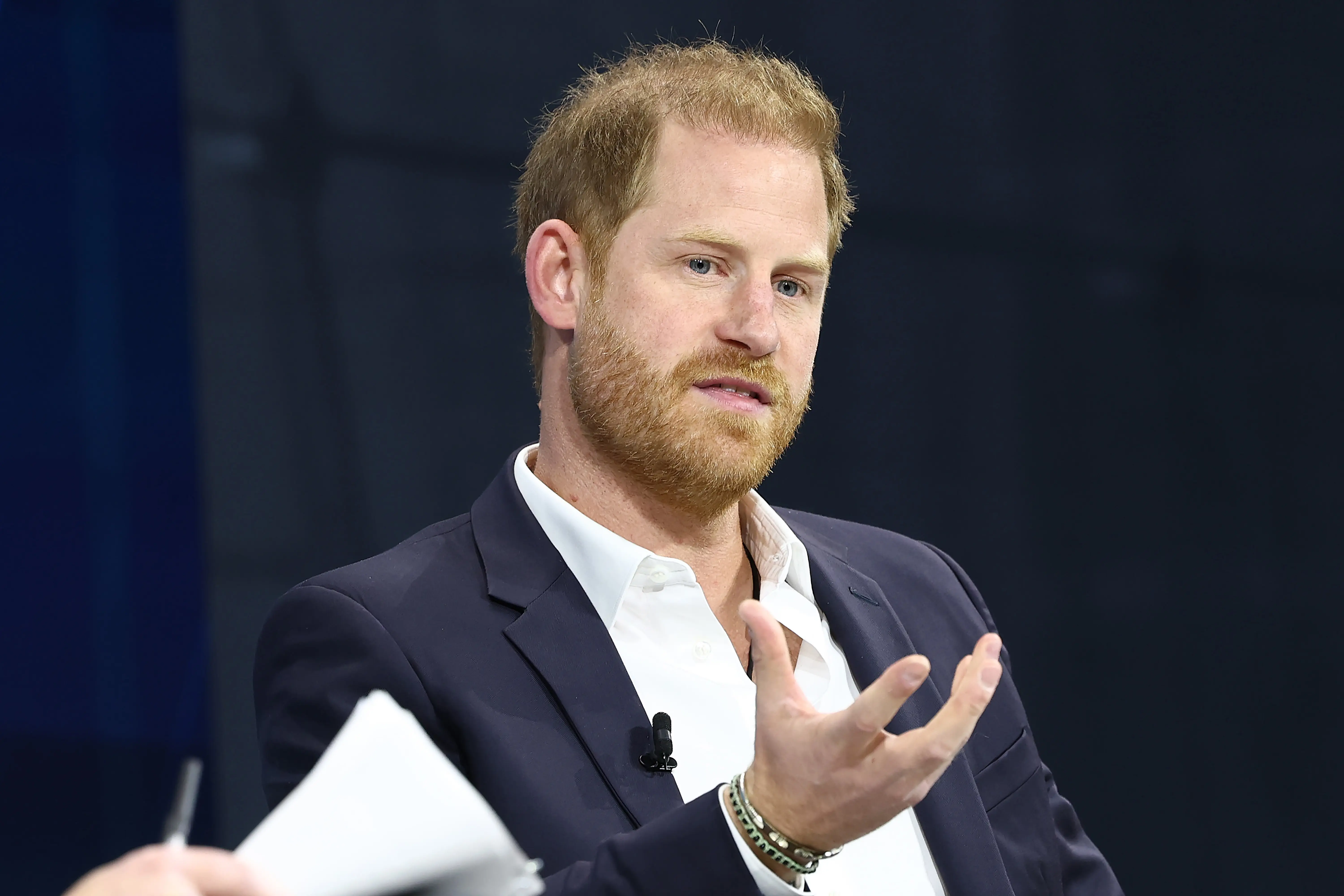 NEW YORK, NEW YORK - DECEMBER 04: Prince Harry, The Duke of Sussex, speaks during the New York Times annual DealBook summit at Jazz at Lincoln Center on December 04, 2024 in New York City. The NYT summit with Andrew Ross Sorkin returns with interviews on the main stage including Sam Altman, co-founder and C.E.O. of OpenAI, Jeff Bezos, founder and executive chairman of Amazon and owner of the Washington Post, former U.S. President Bill Clinton and Prince Harry, The Duke of Sussex, among others. The discussions will touch on topics such as business, politics and culture. (Photo by Michael M. Santiago/Getty Images)