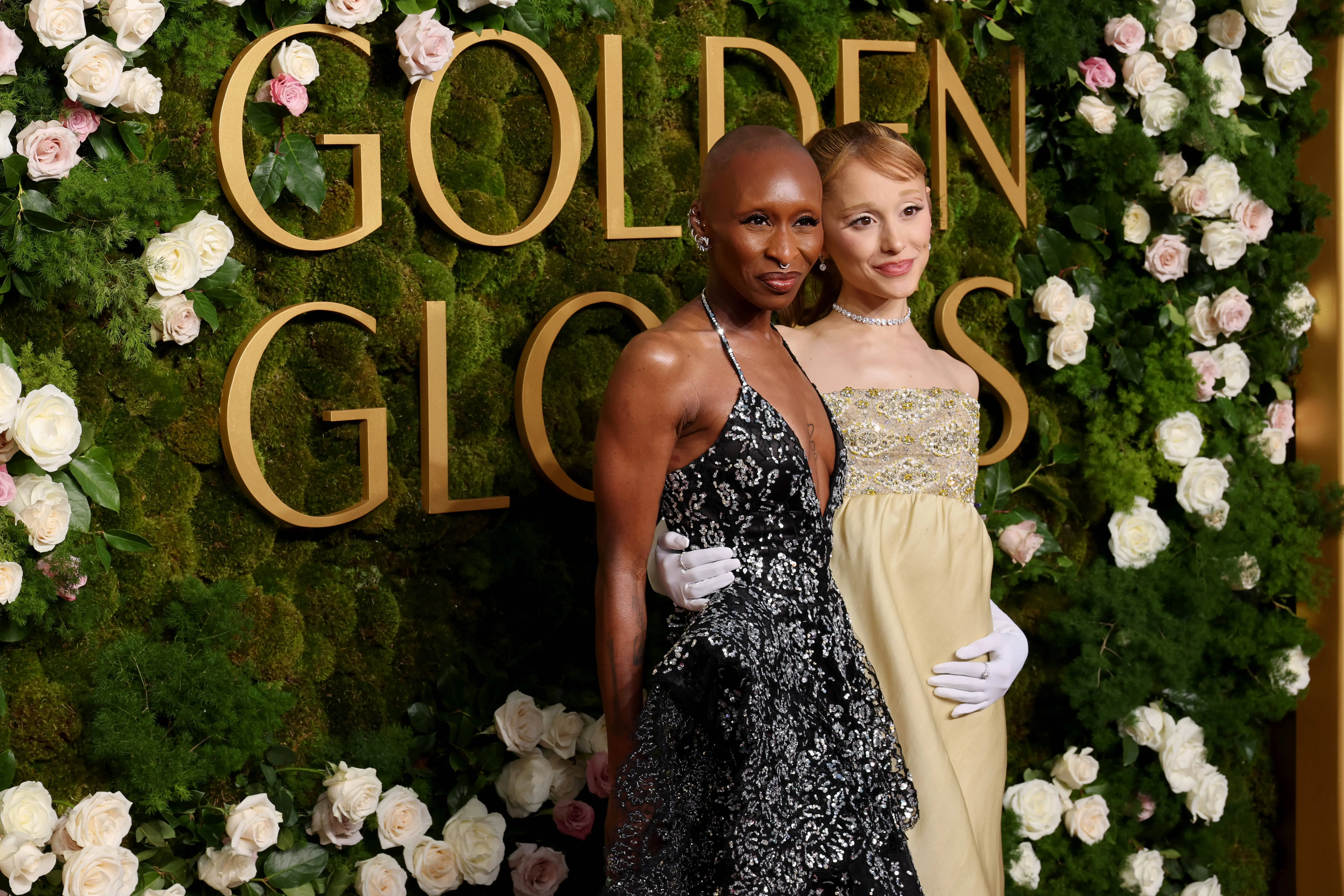 BEVERLY HILLS, CALIFORNIA - JANUARY 05: (L-R) Cynthia Erivo and Ariana Grande attend the 82nd Annual Golden Globe Awards at The Beverly Hilton on January 05, 2025 in Beverly Hills, California. (Photo by Amy Sussman/Getty Images)