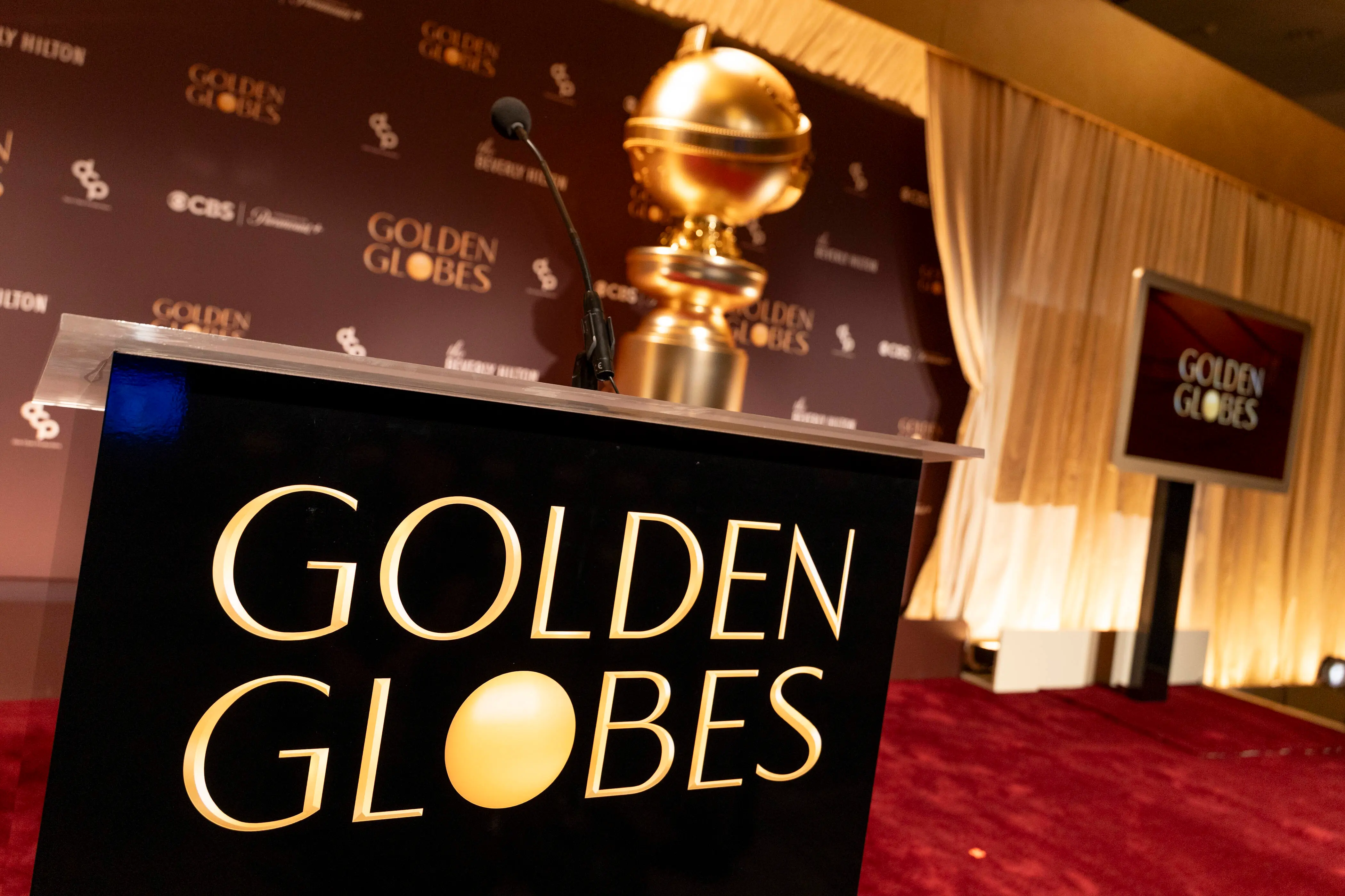 BEVERLY HILLS, CALIFORNIA - DECEMBER 08: A view of the stage before the nominations announcement and media preview for the 83rd Annual Golden Globes at The Beverly Hilton on December 08, 2025 in Beverly Hills, California. (Photo by Emma McIntyre/WireImage)
