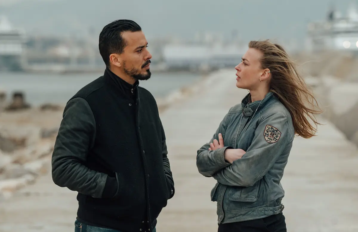 Tewfik Jallab as Captain Lyes Benamar and Jeanne Goursaud as Alice Vidal in the series Blood Coast