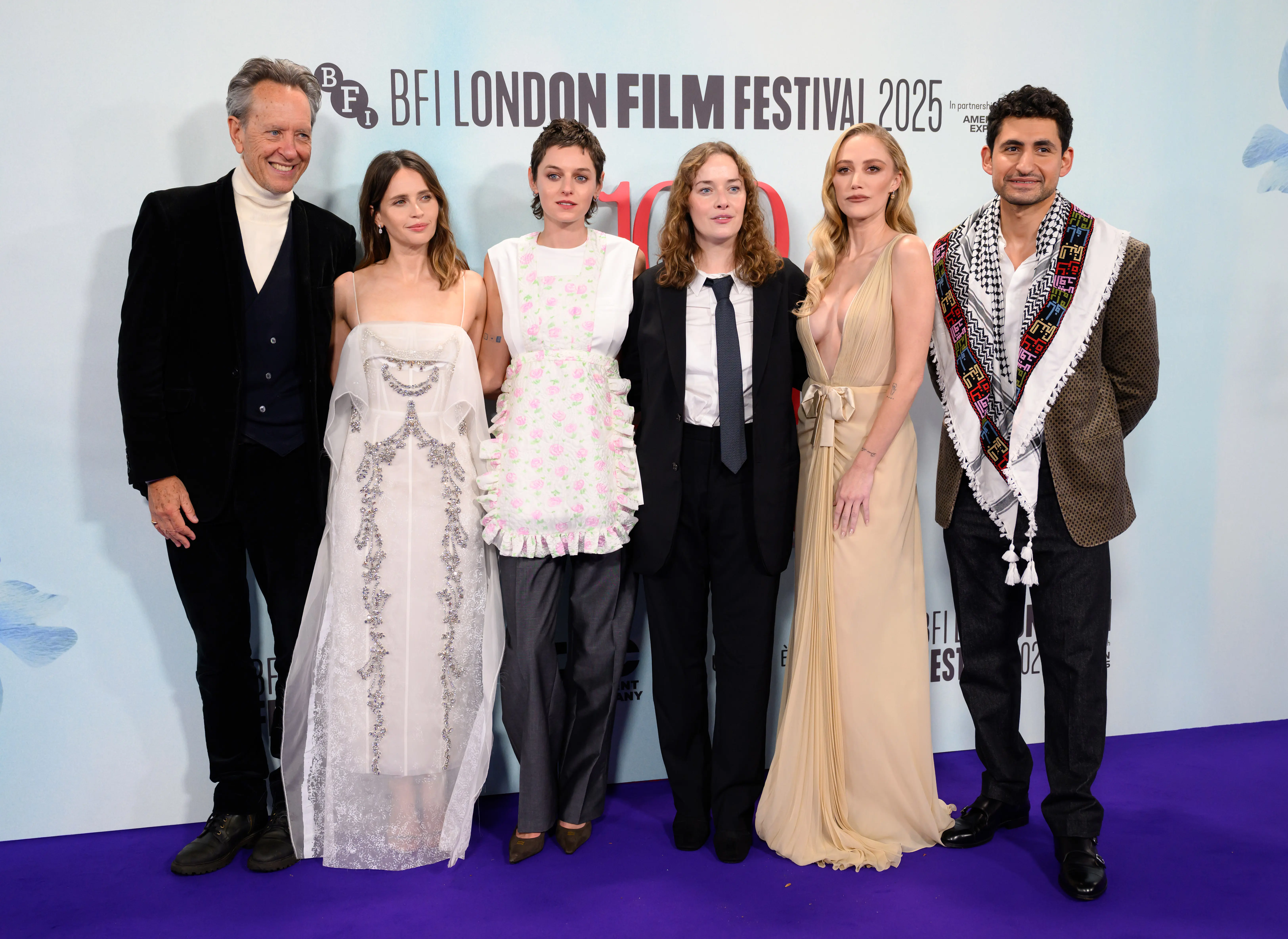 (L-R) Richard E. Grant, Felicity Jones, Emma Corrin, Director Julia Jackman, Maika Monroe and Amir El-Masry attend the "100 Nights of Hero" Closing Gala at the 69th BFI London Film Festival at The Royal Festival Hall on October 19, 2025 in London, England. (Photo by Karwai Tang/WireImage)