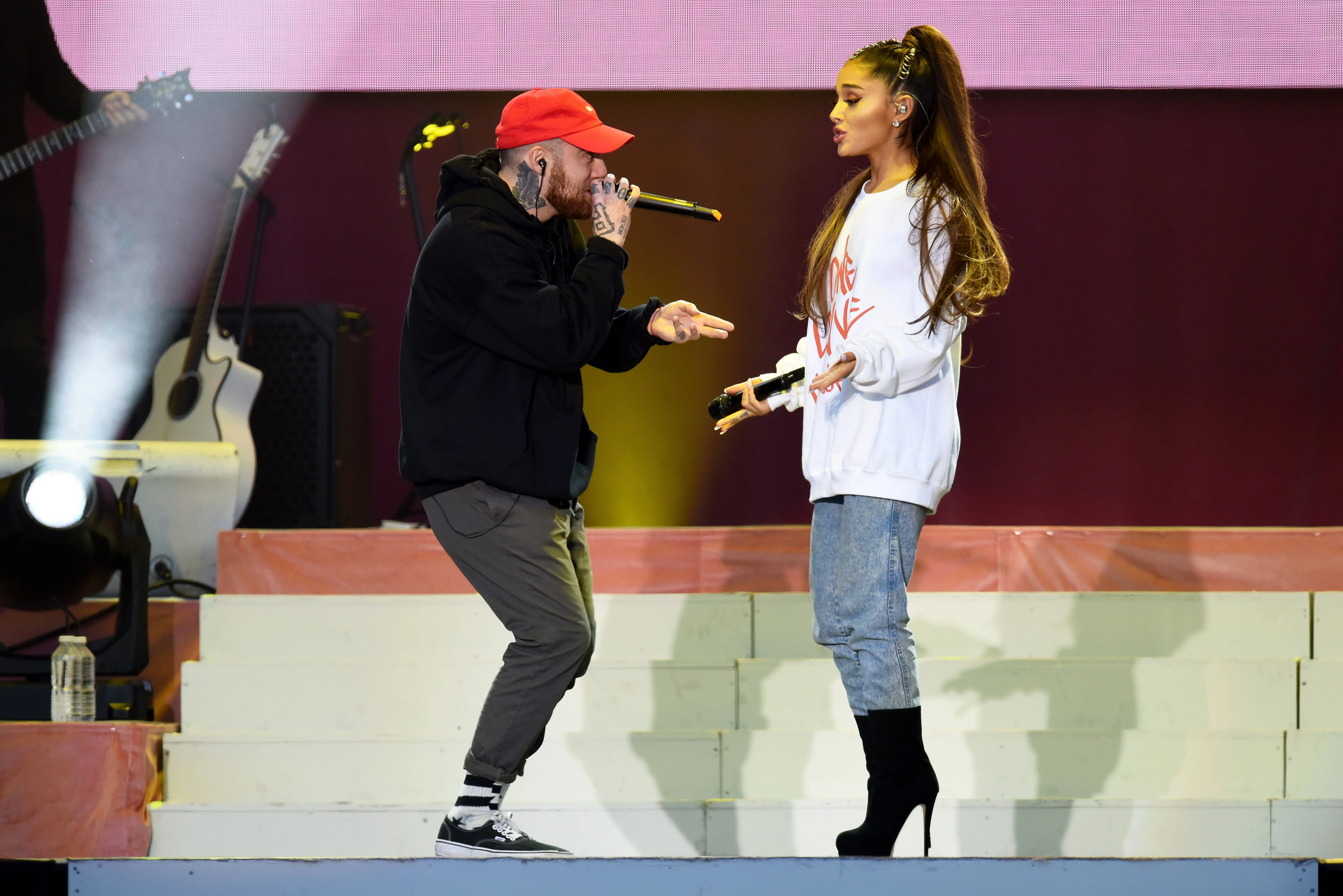 MANCHESTER, ENGLAND - JUNE 04:  NO SALES, free for editorial use. In this handout provided by 'One Love Manchester' benefit concert (L) Mac Miller and Ariana Grande perform on stage on June 4, 2017 in Manchester, England. Donate at www.redcross.org.uk/love  (Photo by Getty Images/Dave Hogan for One Love Manchester)