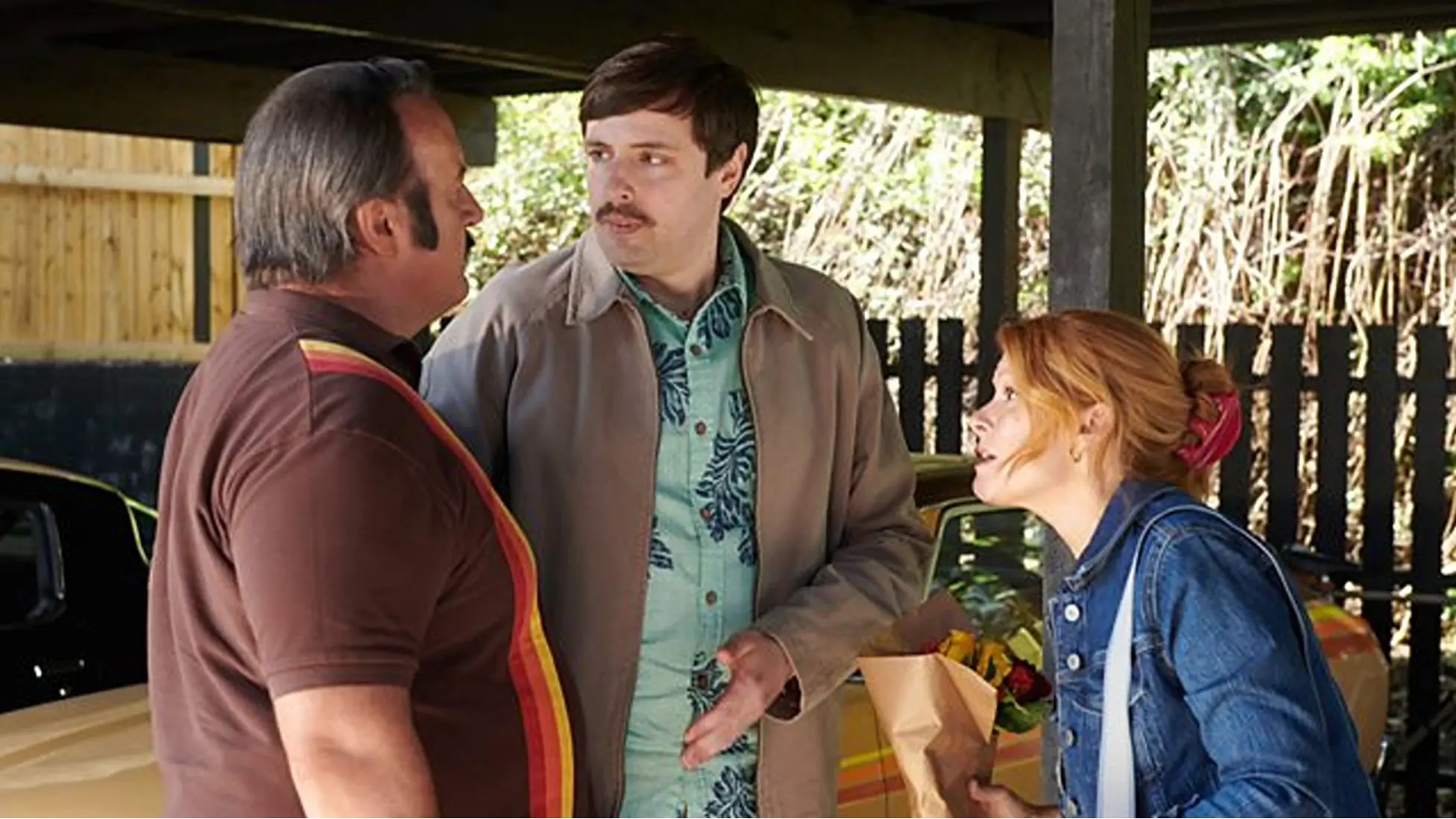 Tony Mammoth faces off with Matthew as Mel steps in during Mammoth Series 2 Episode 2, in a car park confrontation.[Image via BBC]