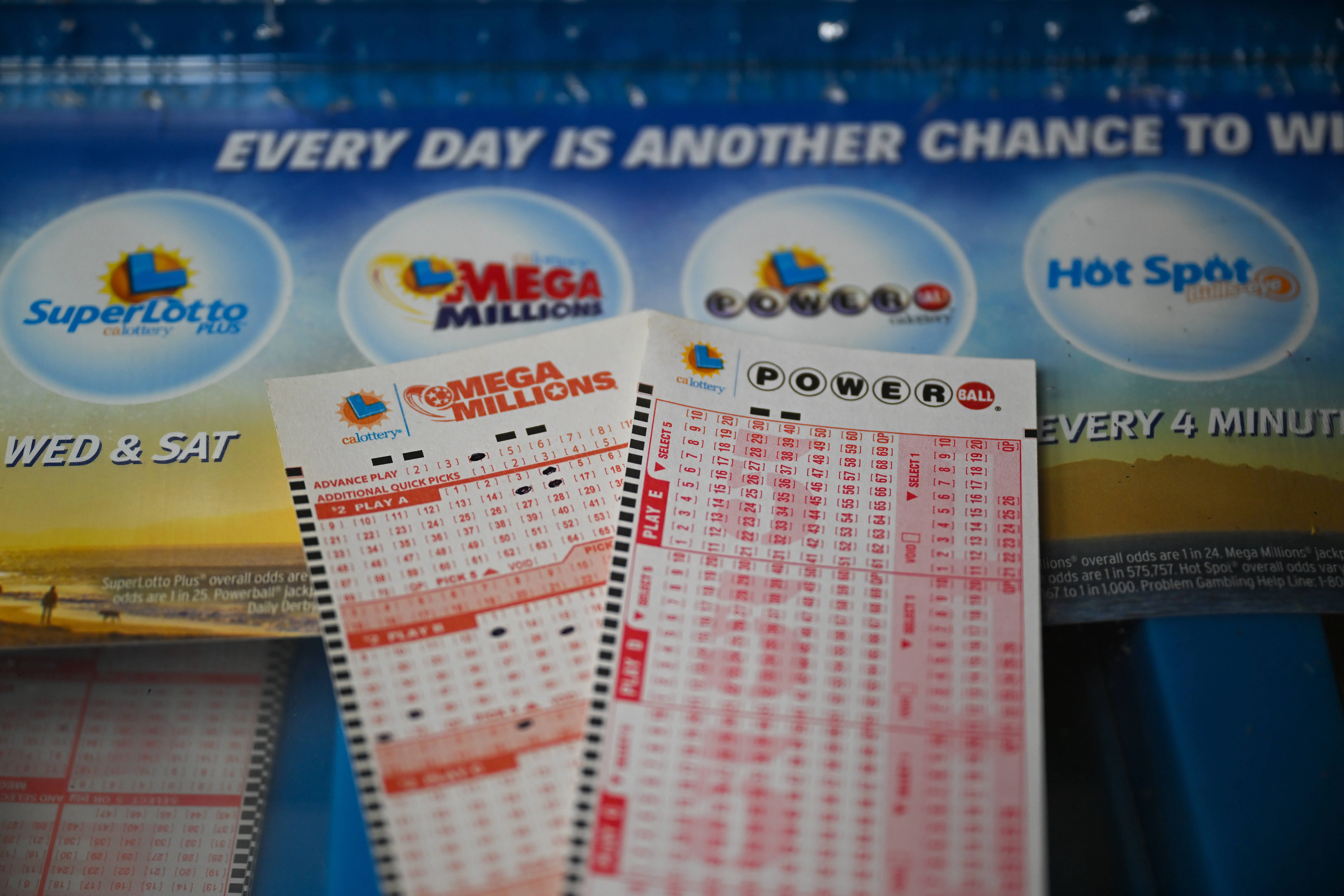 CALIFORNIA, USA - JULY 11: Lottery tickets are seen at a gas station as giant Powerball and Mega Millions jackpots grow more than $1B combined, in Trona, California, United States on July 11, 2023. (Photo by Tayfun Coskun/Anadolu Agency via Getty Images)