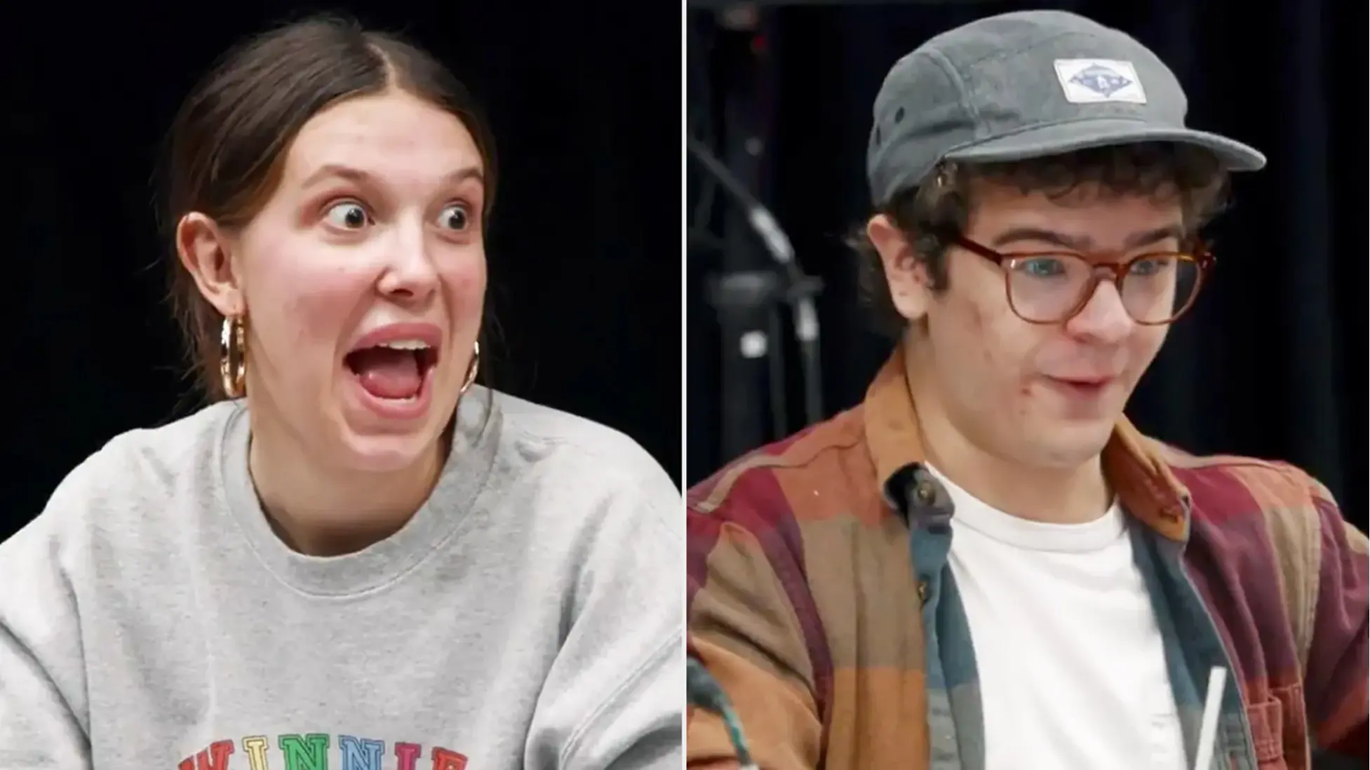 Millie Bobby Brown and Gaten Matarazzo react during the Episode 4 “Sorcerer” table read for Stranger Things 5, Image via Netflix.
