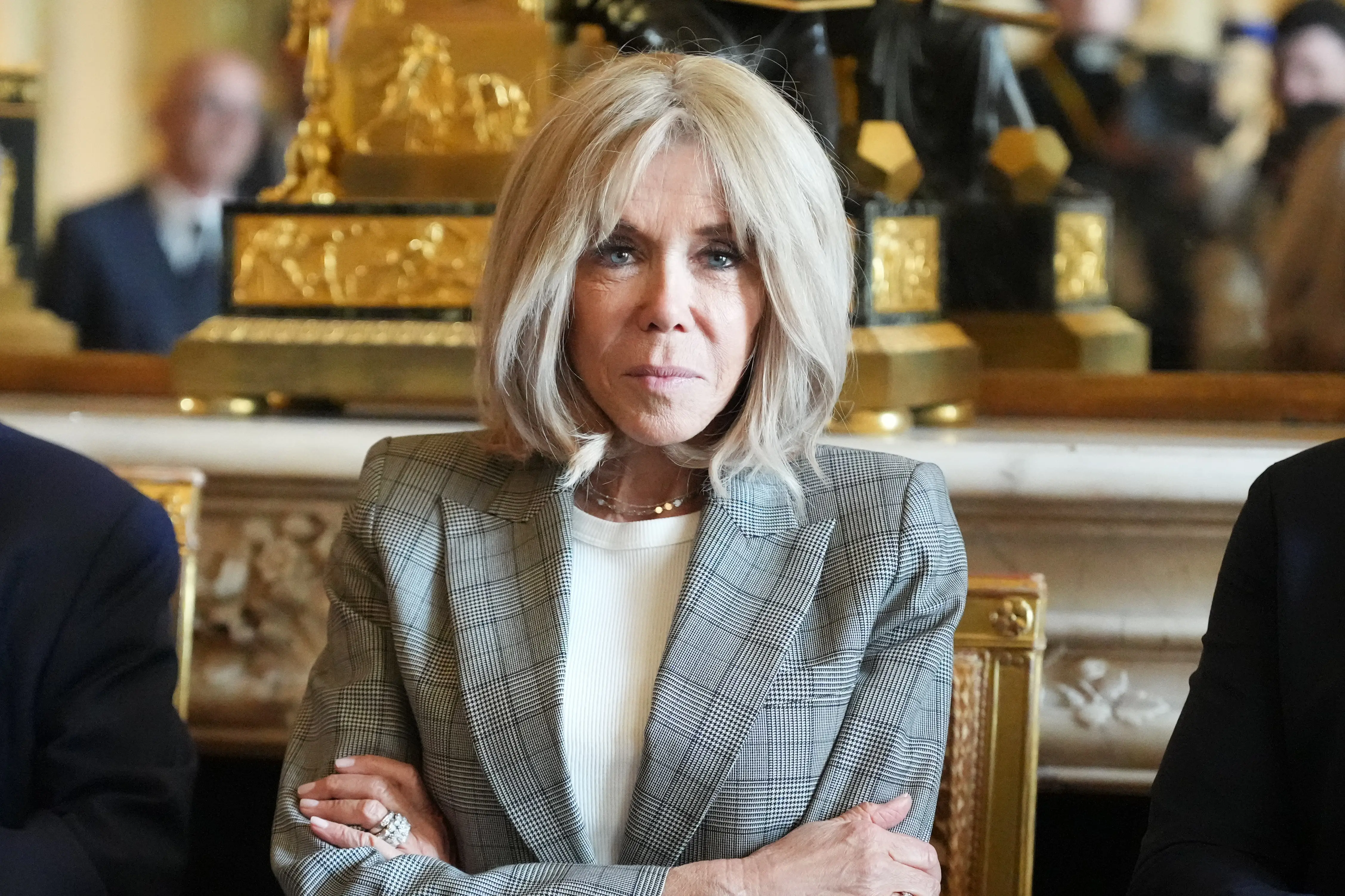 PARIS, FRANCE - MAY 12: Brigitte Macron, wife of Emmanuel Macron, the current President of France, is seen, during the Presentation Ceremony of the Archives of Line Renaud at Ministere de la Culture on May 12, 2025 in Paris, France. (Photo by Edward Berthelot/Getty Images)