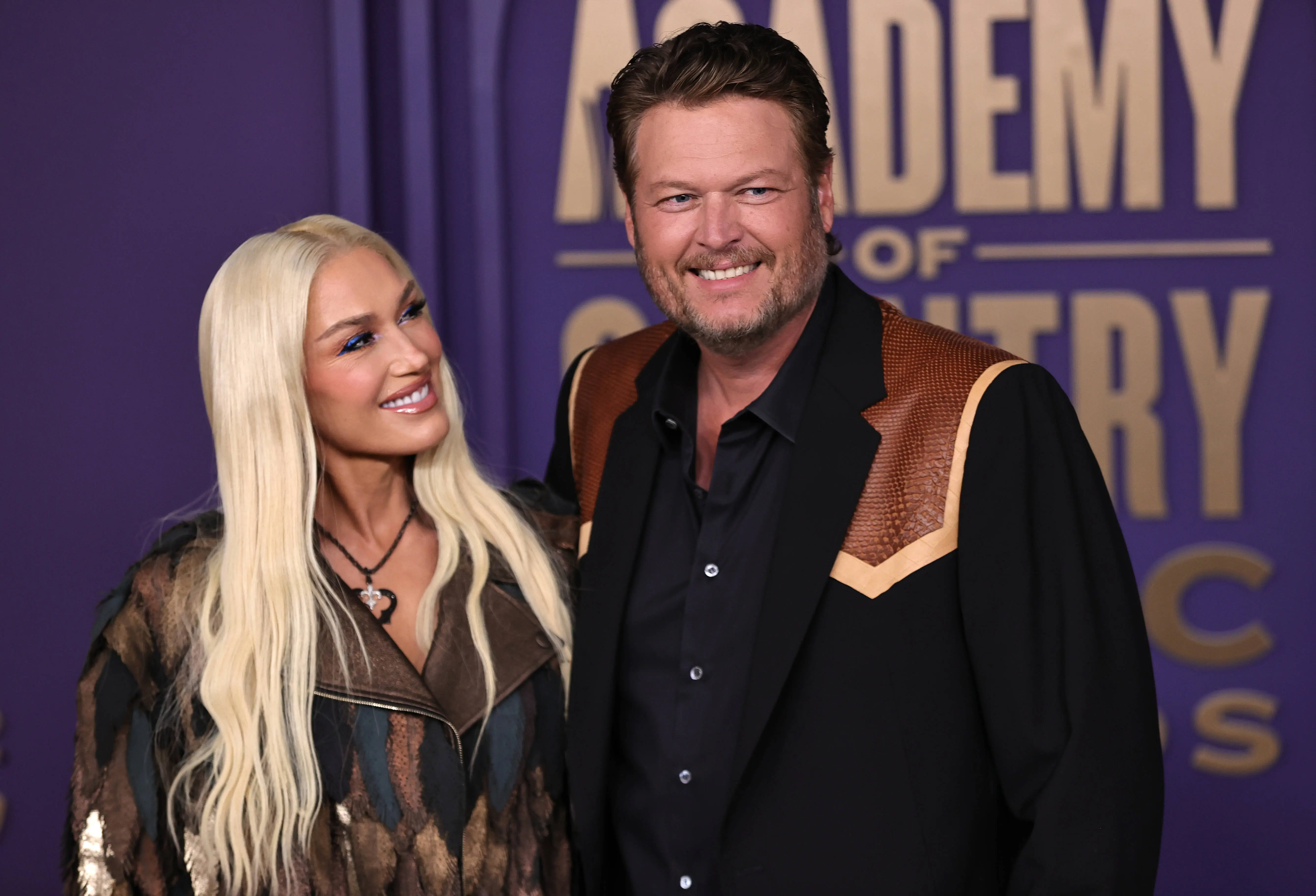 FRISCO, TEXAS - MAY 16: EDITORIAL USE ONLY. (L-R) Gwen Stefani and Blake Shelton attend the 59th Academy of Country Music Awards at Omni Frisco Hotel at The Star on May 16, 2024 in Frisco, Texas. (Photo by Omar Vega/WireImage)