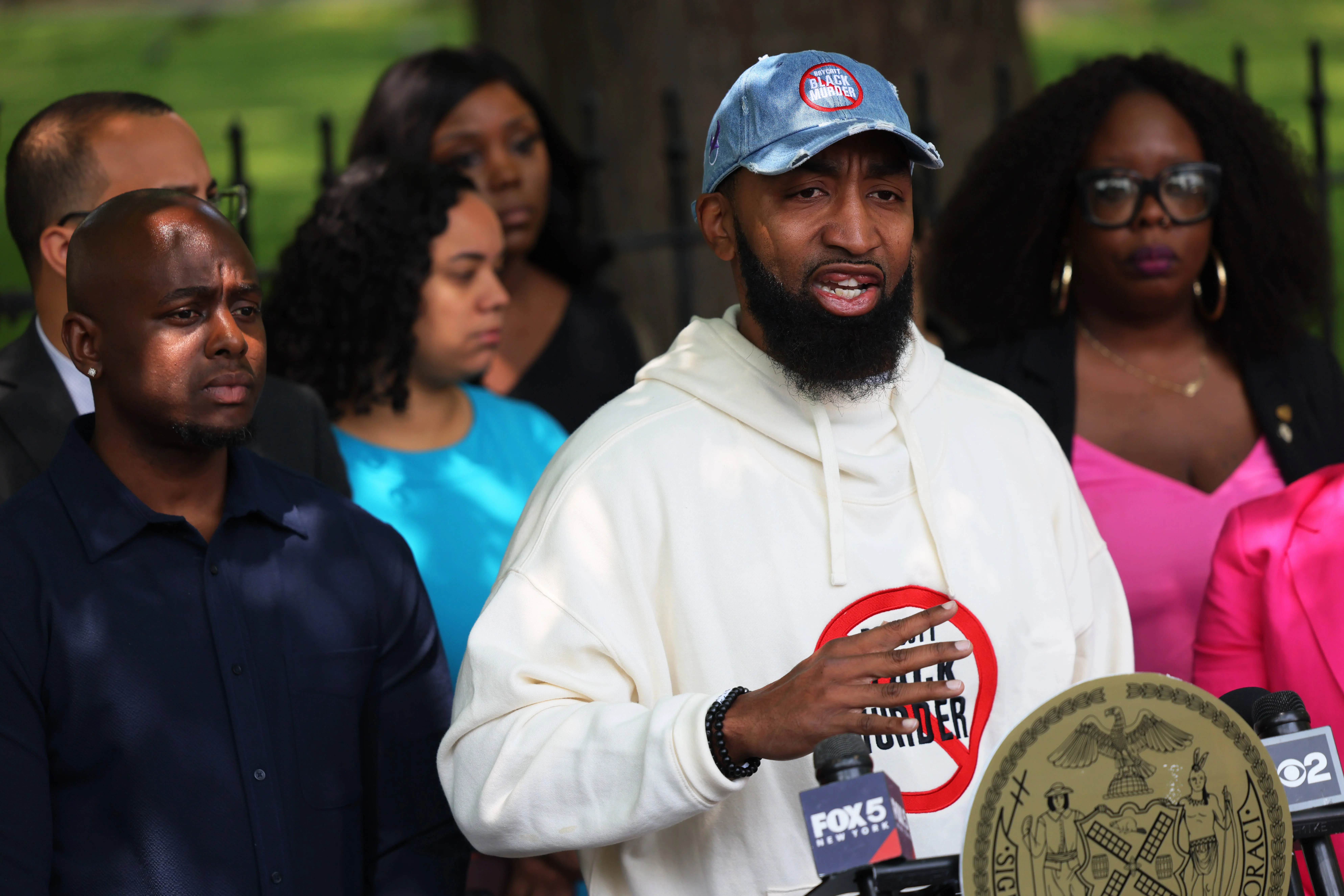 Co-founder of Until Freedom Mysonne Linen speaks during a press conference at Park Row on May 11, 2023 in New York City (Image via Getty)