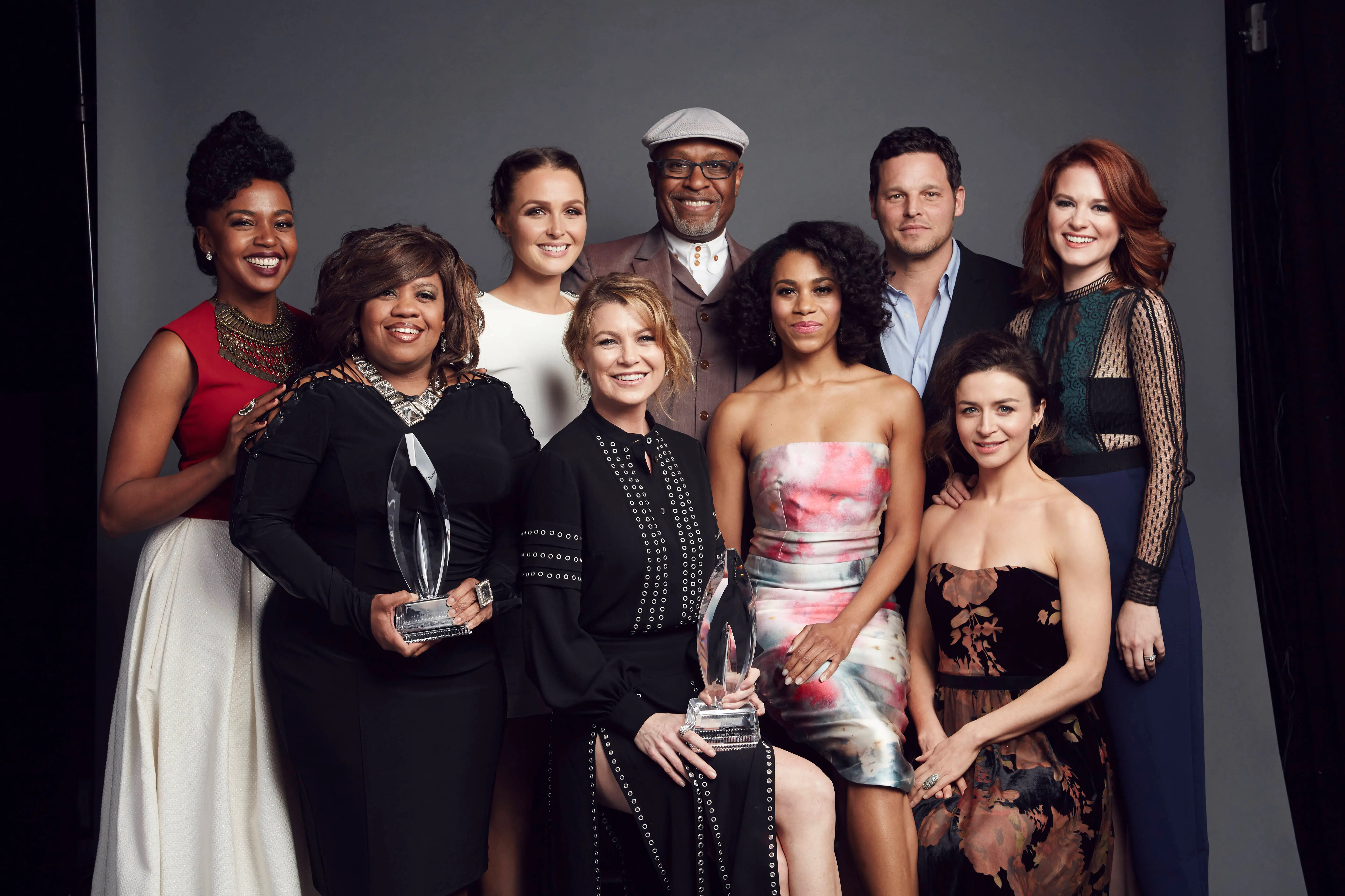 Actors Jerrika Hinton, Chandra Wilson , Camilla Luddington, Ellen Pompeo,  James Pickens, Jr., Kelly McCreary, Justin Chambers, Caterina Scorsone and Sarah Drew of Grey's Anatomy. (Photo by Smallz &amp; Raskind/Getty Images for The People's Choice Awards)