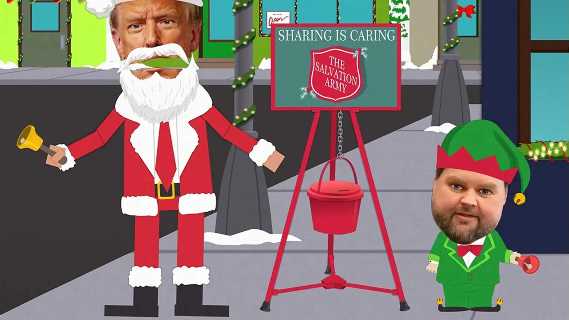 Trump-as-Santa and Vance-as-elf ring a Salvation Army bell in South Park’s “The Crap Out,” a cheery frame for the finale’s darkest “Christmas miracle.”(Image via Comedy central)