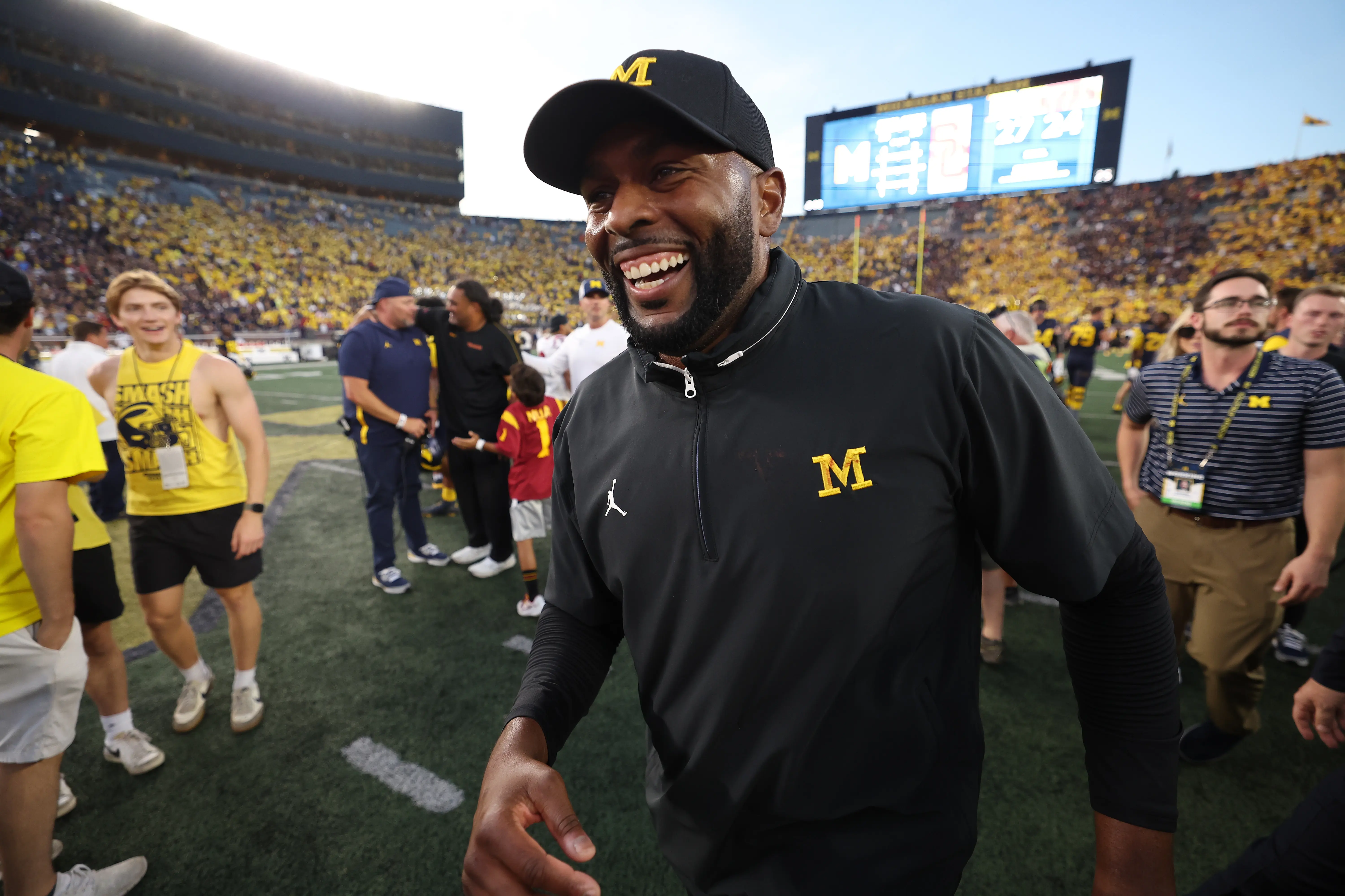 ANN ARBOR, MICHIGAN - SEPTEMBER 21: Head coach Sherrone Moore of the Michigan Wolverines celebrates a 27-24 win over the USC Trojans at Michigan Stadium on September 21, 2024 in Ann Arbor, Michigan. (Photo by Gregory Shamus/Getty Images)