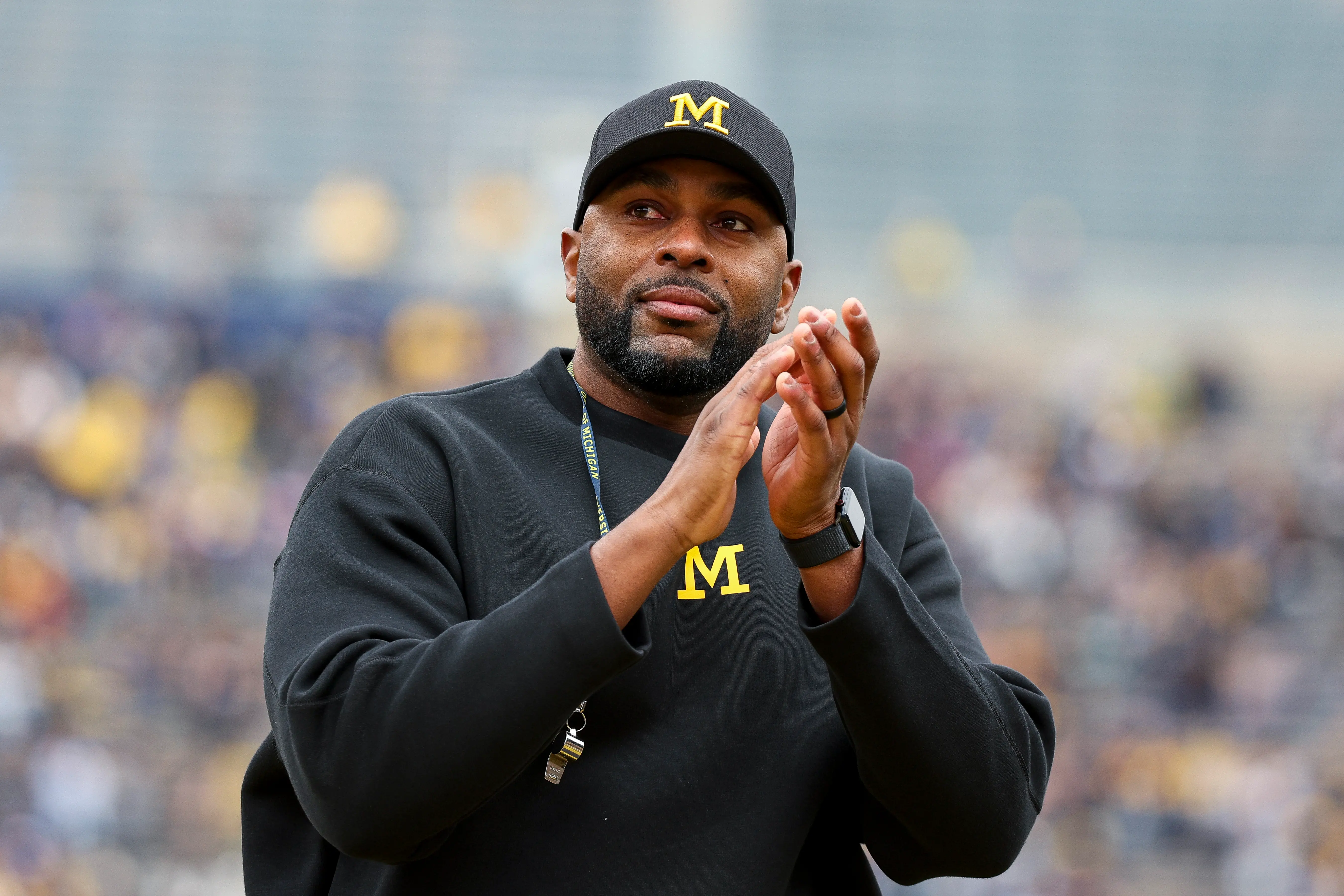 Head coach Sherrone Moore of the Michigan Wolverines looks on during the first half of the Maize vs Blue spring football game at Michigan Stadium on April 19, 2025 in Ann Arbor, Michigan. (Photo by Mike Mulholland/Getty Images for ONIT)