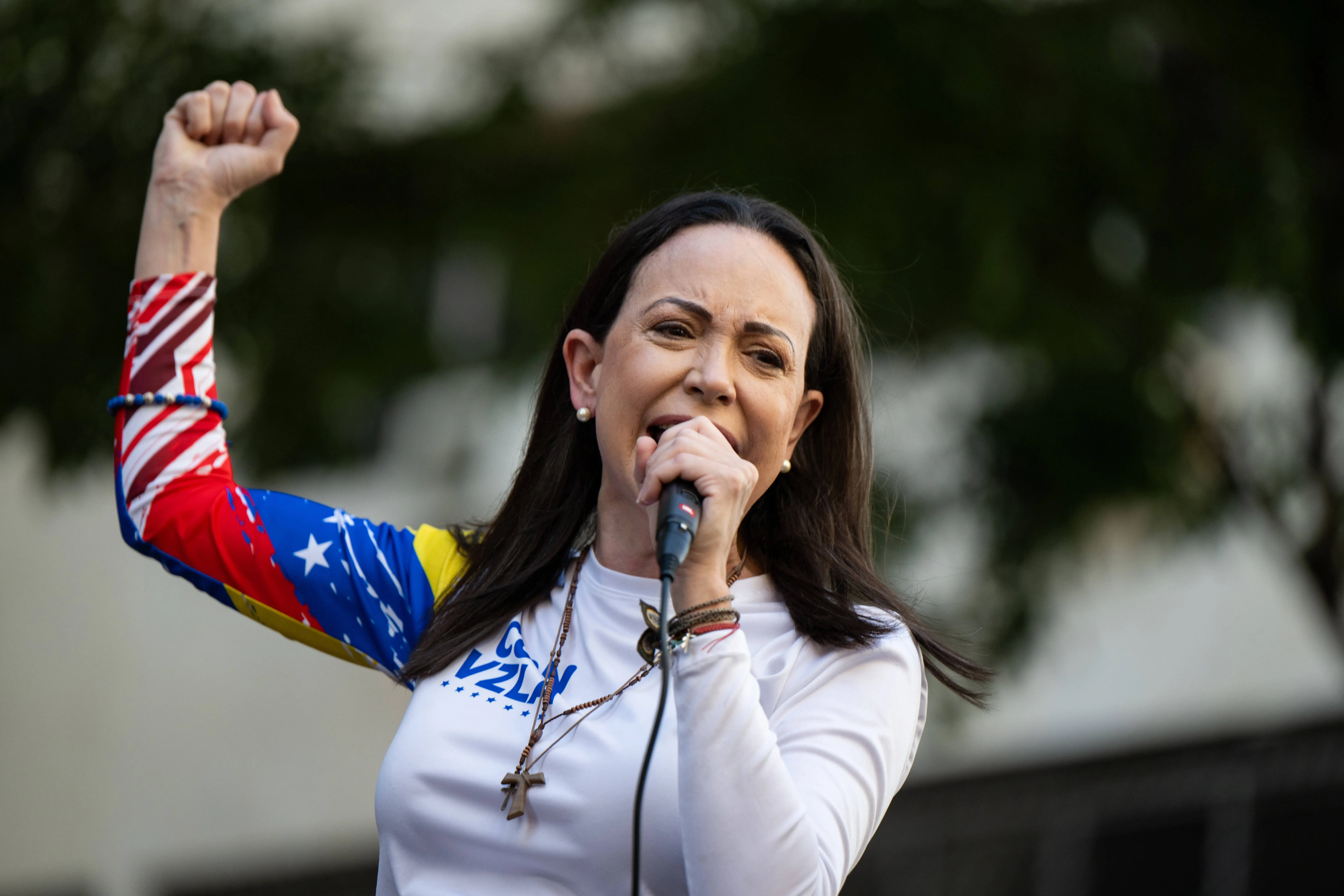 CARACAS, VENEZUELA - JANUARY 9: Opposition leader Maria Corina Machado, gives a speech during an anti-government protest on January 9, 2025 in Caracas, Venezuela. According to information shared by the Vente Venezuela Party, Machado was intercepted by government forces deployed by president Nicolas Maduro after finishing her participation in the rally. (Photo by Alfredo Lasry R/Getty Images)