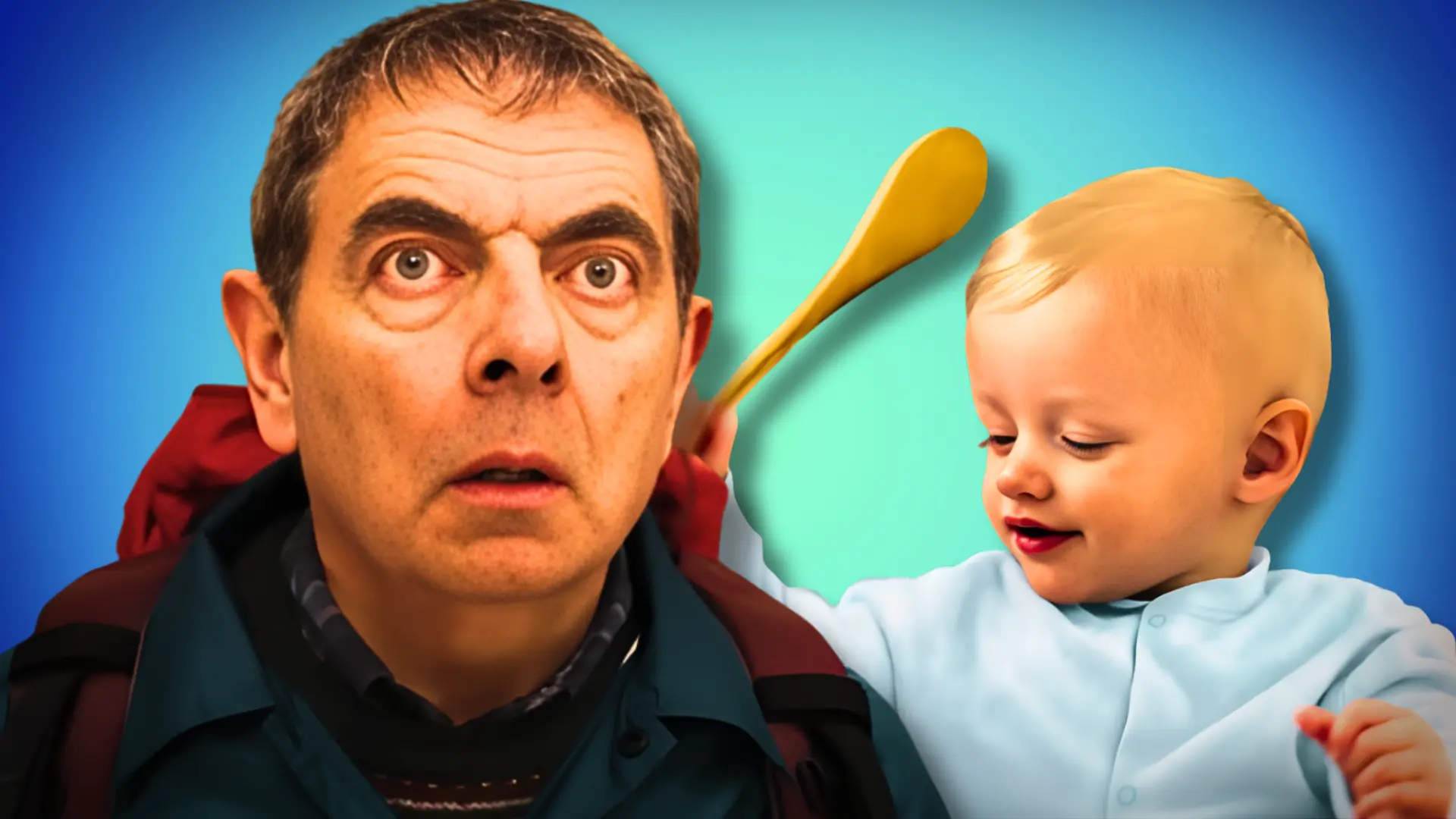 Rowan Atkinson and the baby in ‘Man Vs Baby’ (Custom cover edited by PRIMETIMER, Original Image [YouTube/Netflix])