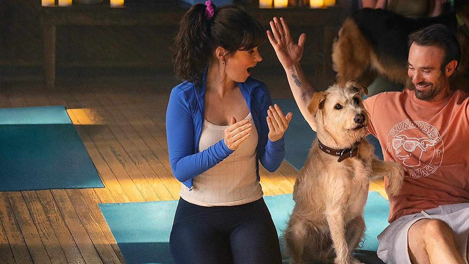 Merv and Russ share a light moment during a class as the dog’s “shared custody” becomes the center of their breakup. Image via Prime Video