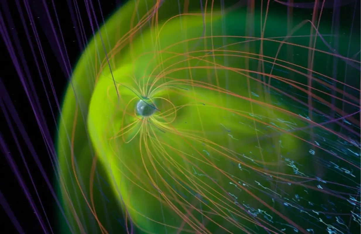 An image of a simulation by the MAGE model of Earth’s magnetosphere being hit by a geospace storm in May 2024 (Image via NASA)