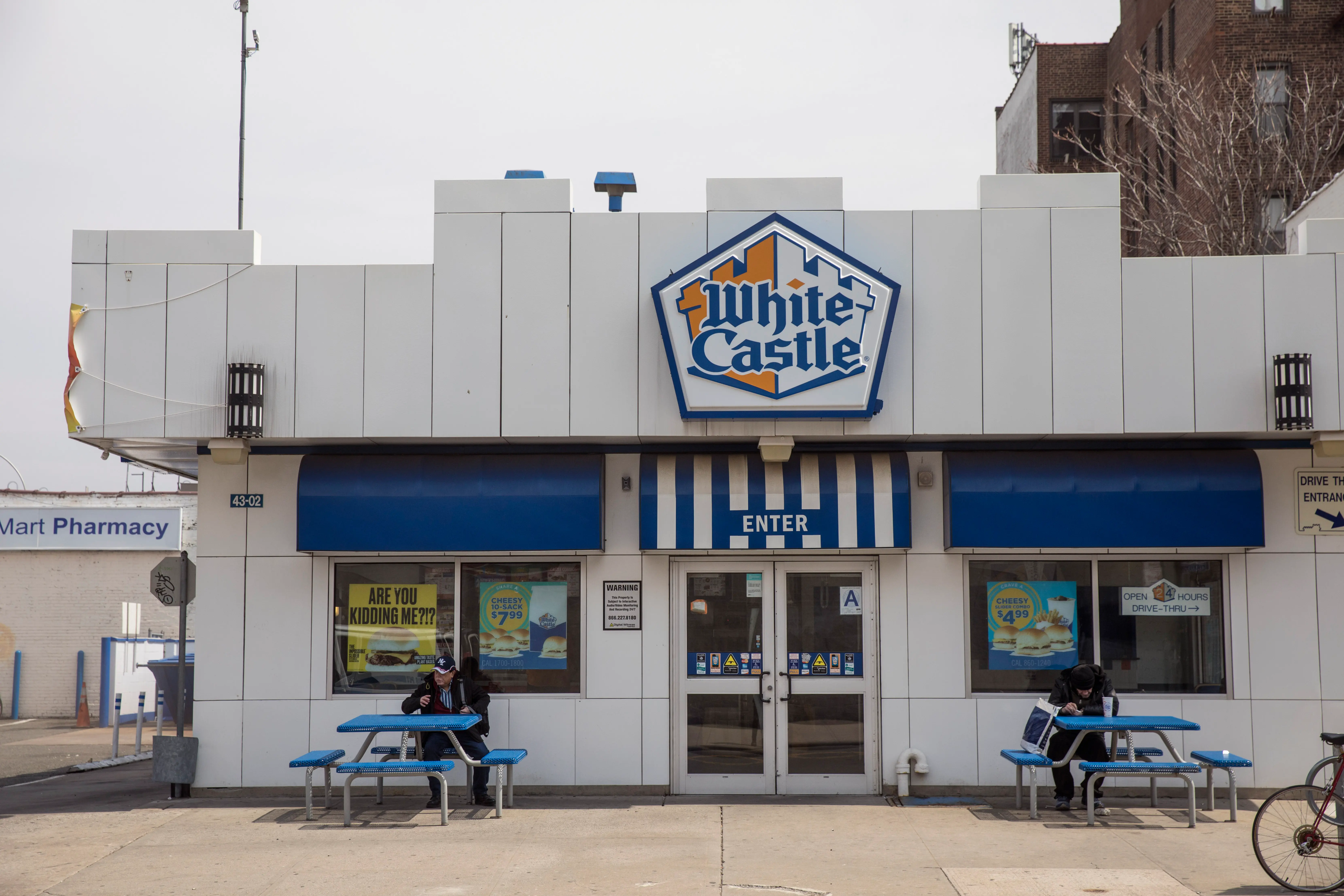 An exterior view of a White Castle restaurant, April 12, 2018 in the Queens borough of New York City. White Castle has introduced the meatless 'Impossible Slider' burger. The burger, which sell for $1.99, are about twice the size of White Castle's regular sliders. The patties, made primarily of wheat protein and potato, are the first plant-based burgers sold in an American quick-serve restaurant. (Photo by Drew Angerer/Getty Images)