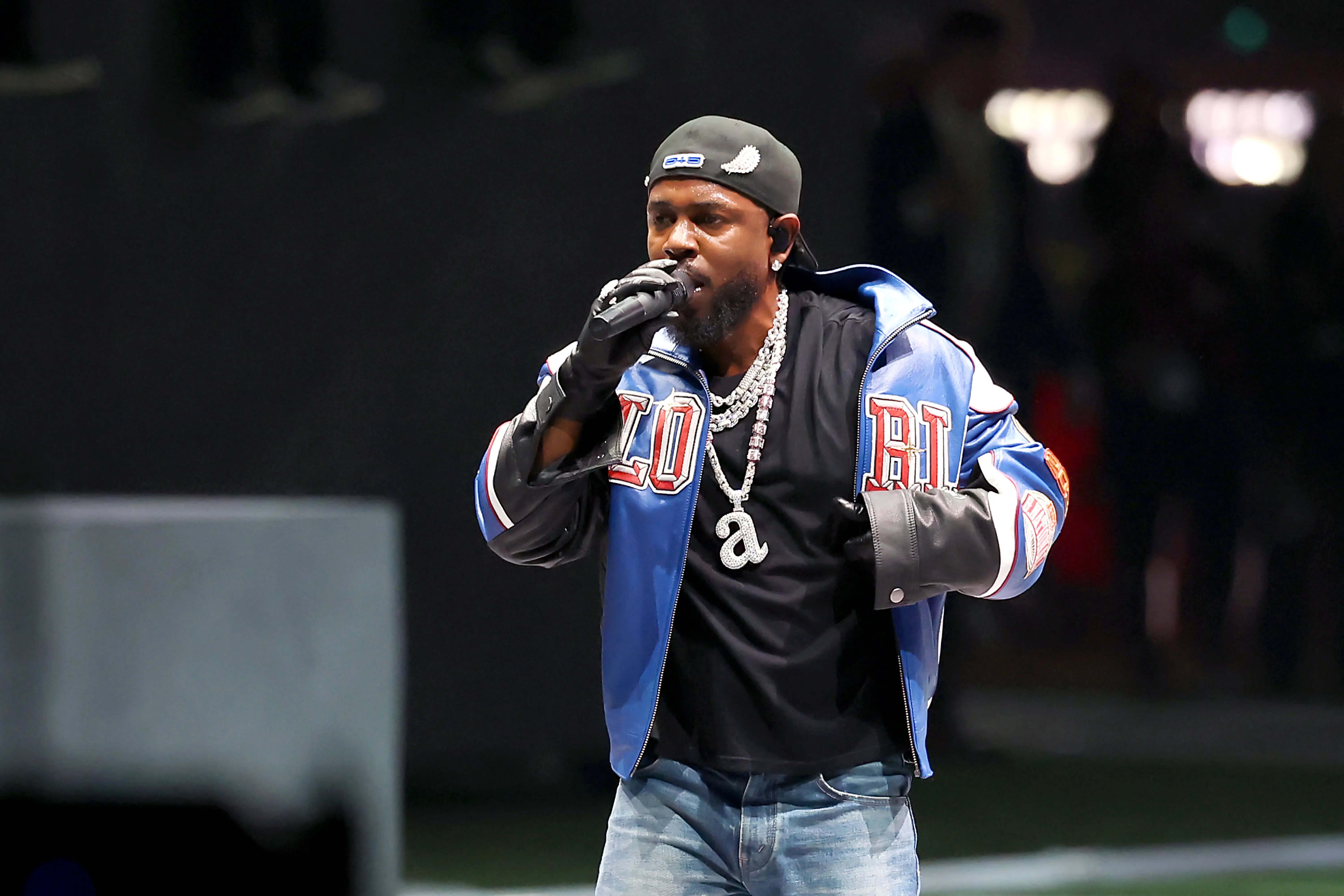 NEW ORLEANS, LOUISIANA - FEBRUARY 09: Kendrick Lamar performs onstage during Apple Music Super Bowl LIX Halftime Show at Caesars Superdome on February 09, 2025 in New Orleans, Louisiana.  (Photo by Gregory Shamus/Getty Images)