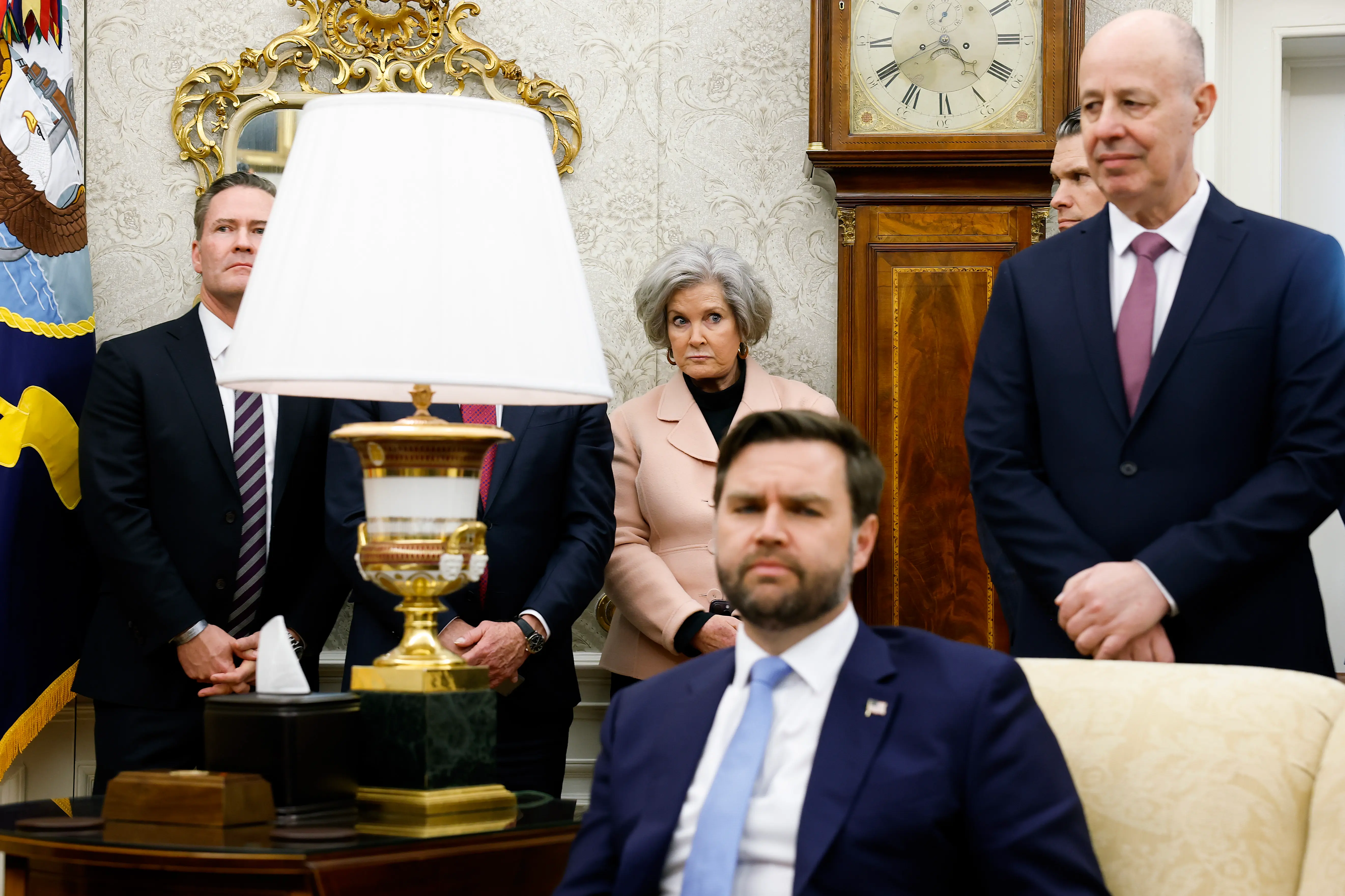 WASHINGTON, DC - FEBRUARY 04: (L-R) U.S. National Security Adviser Michael Waltz, White House Chief of Staff Susie Wiles, U.S. Vice President JD Vance, and others, attend a meeting between U.S. President Donald Trump and Israeli Prime Minister Benjamin Netanyahu in the Oval Office of the White House on February 04, 2025 in Washington, DC. Netanyahu is the first foreign leader to visit Trump since he returned to the White House last month. (Photo by Anna Moneymaker/Getty Images)