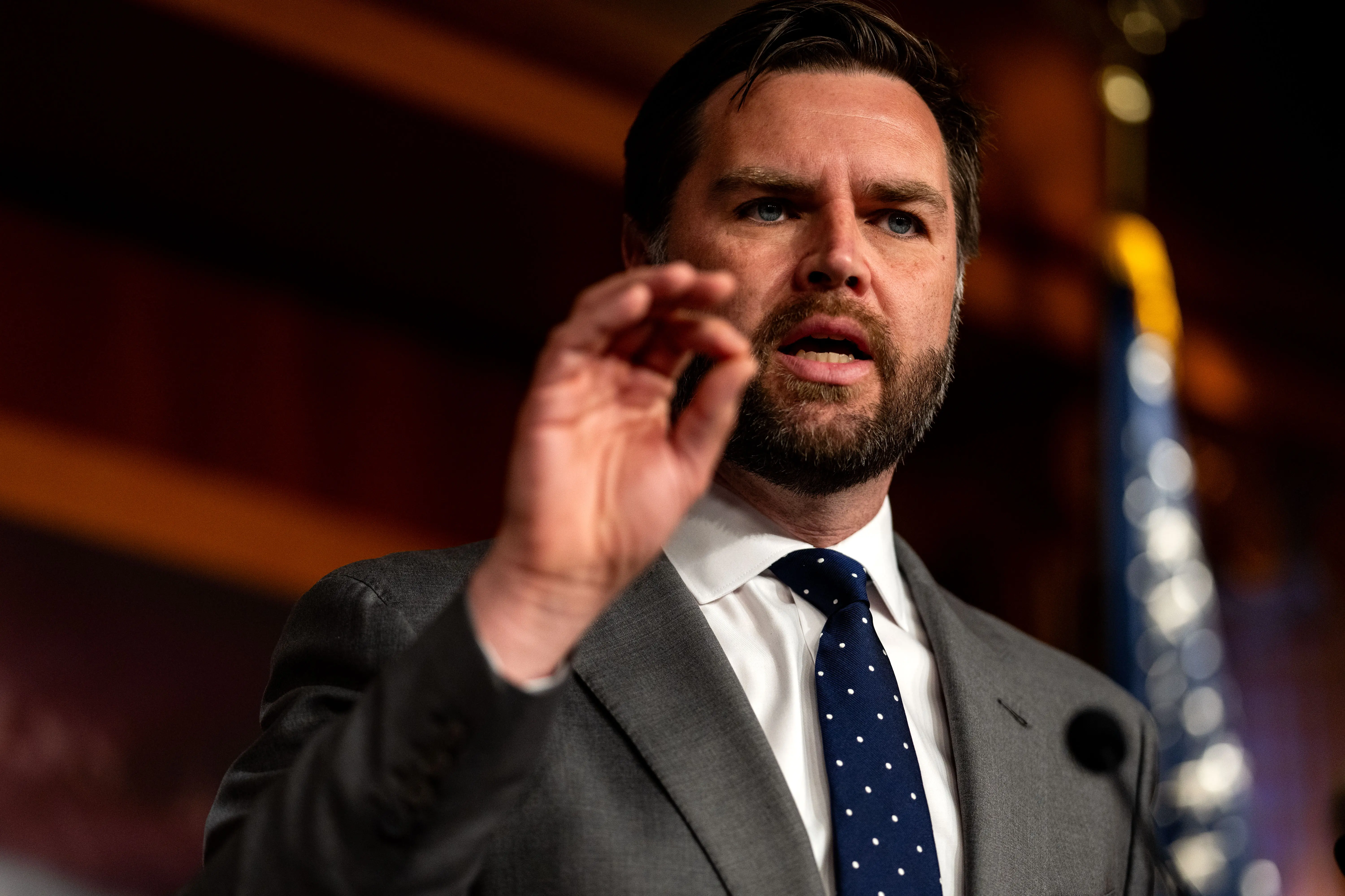 WASHINGTON, DC - MAY 22: Sen. JD Vance (R-OH) gestures while speaking during a news conference on Capitol Hill on May 22, 2024 in Washington, DC. Senate Democrats have revived the bipartisan border bill that was already blocked once earlier this year, and Republicans including Sen. James Lankford (R-OK), who negotiated the immigration package  say they will block it again. (Photo by Kent Nishimura/Getty Images)