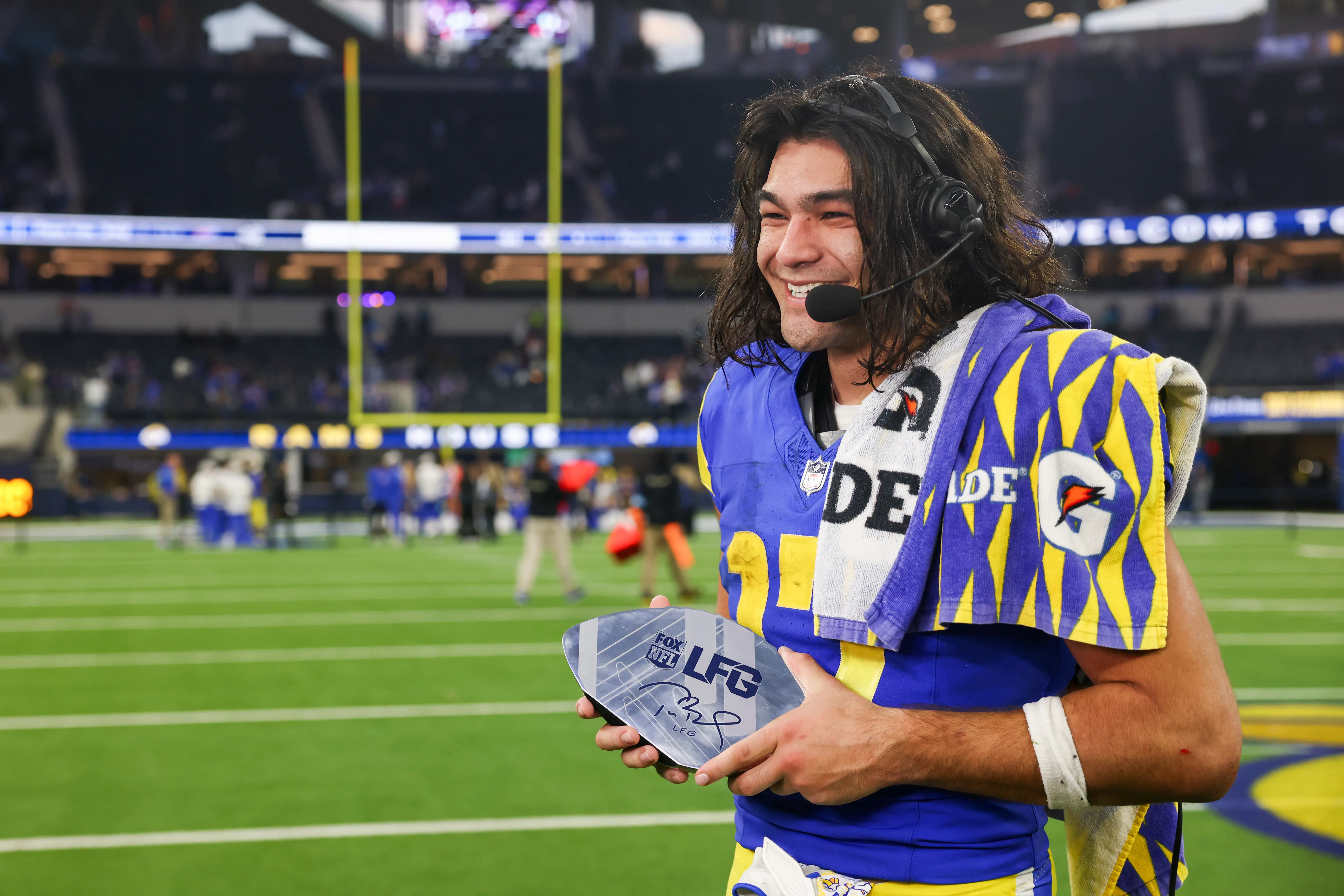 Puka Nacua #17 of the Los Angeles Rams is interviewed after the Rams defeated the Buffalo Bills, 44-42, at SoFi Stadium on December 08, 2024 in Inglewood, California. (Photo by Katelyn Mulcahy/Getty Images)