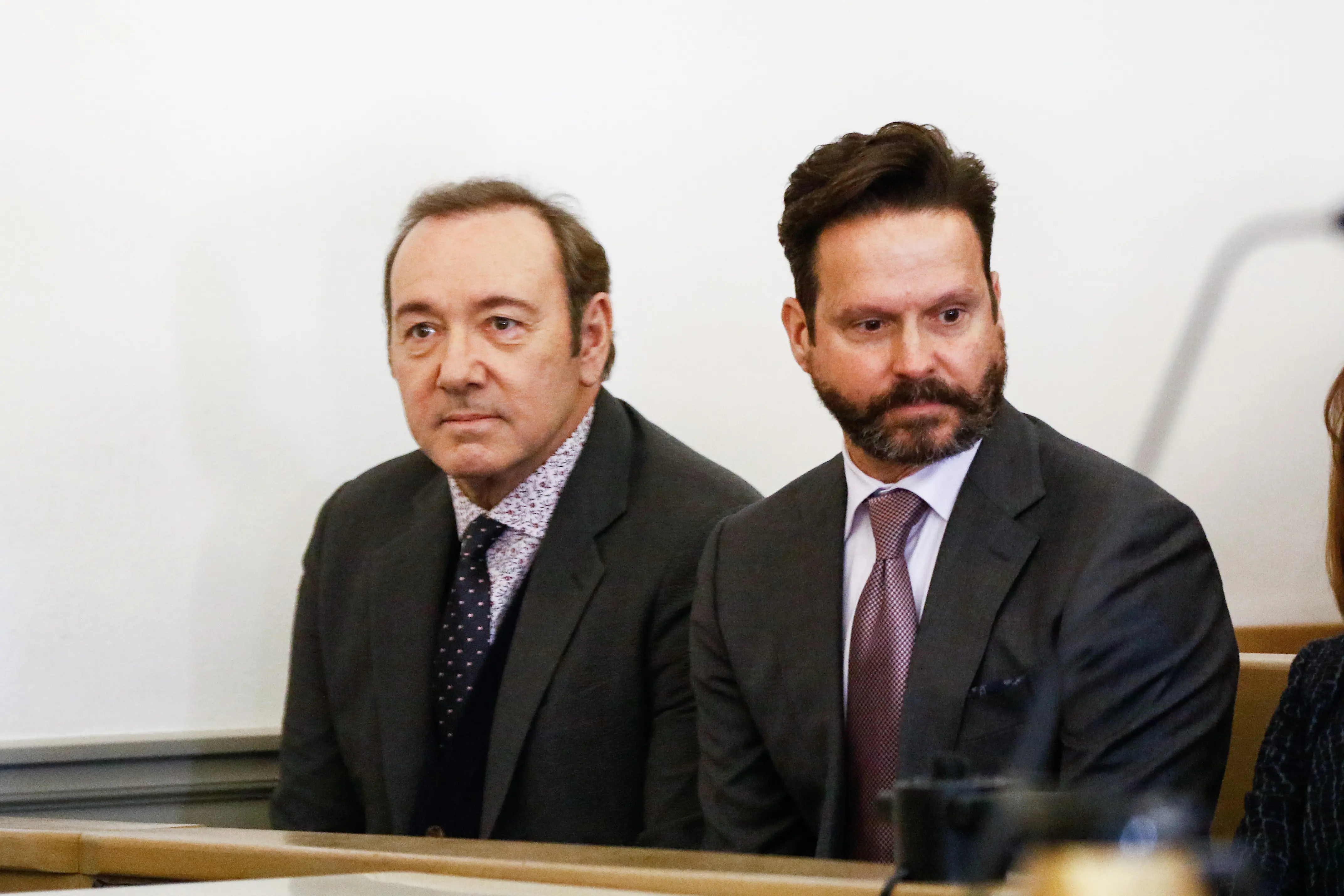 NANTUCKET, MA - JANUARY 07:  Actor Kevin Spacey (L) attends his arraignment on sexual assault charges with his lawyer Alan Jackson at Nantucket District Court on January 7, 2019 in Nantucket, Massachusetts.  (Photo by Nicole Harnishfeger-Pool/Getty Images)
