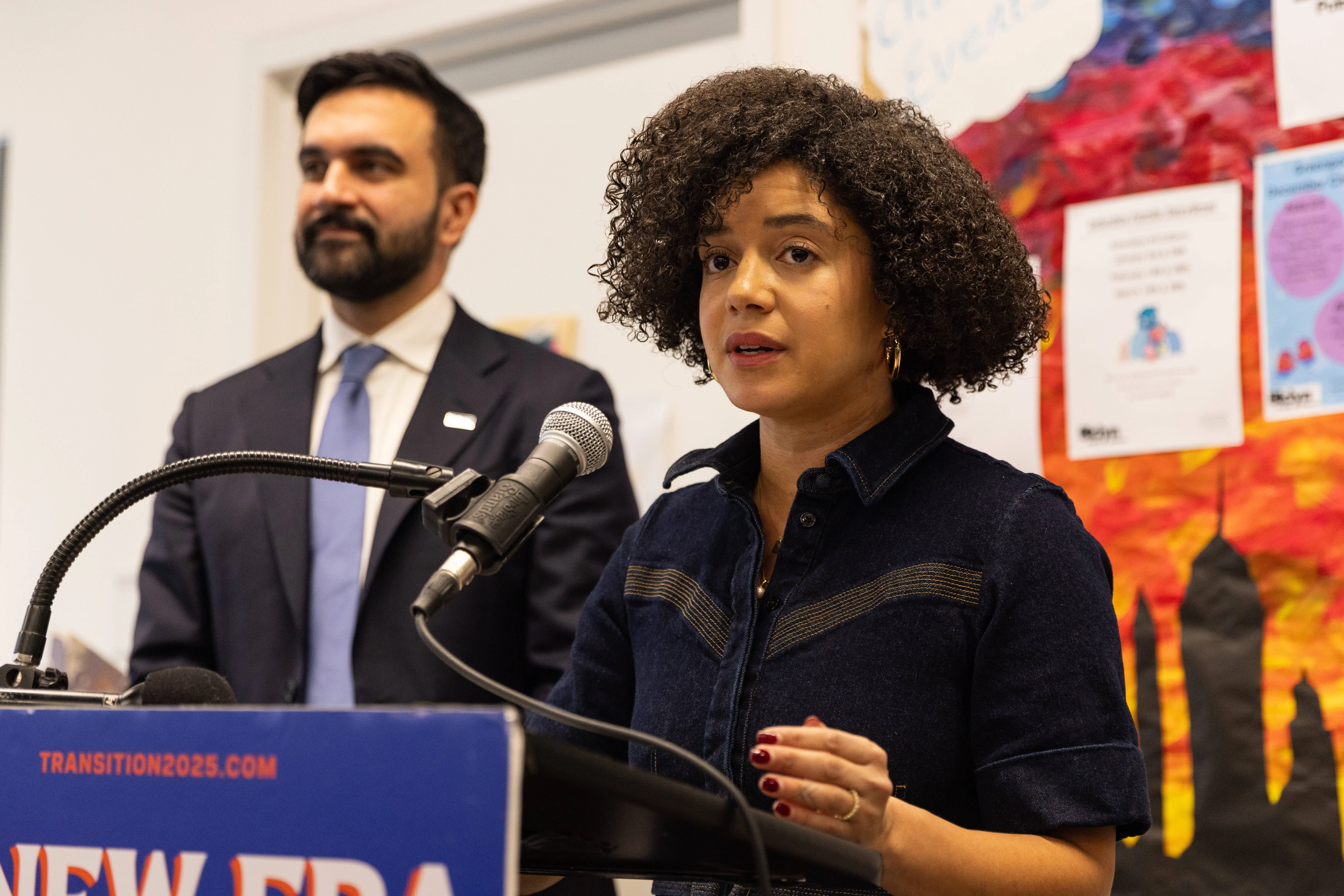 NEW YORK, UNITED STATES - DECEMBER 17: Catherine Almonte Da Costa, Director of Appointments, speaks during a press conference with New York City Mayor-elect Zohran Mamdani and Jahmila Edwards, Director of Intergovernmental Affairs in Brooklyn, New York, U.S. on December 17, 2025. (Photo by Mostafa Bassim/Anadolu via Getty Images)