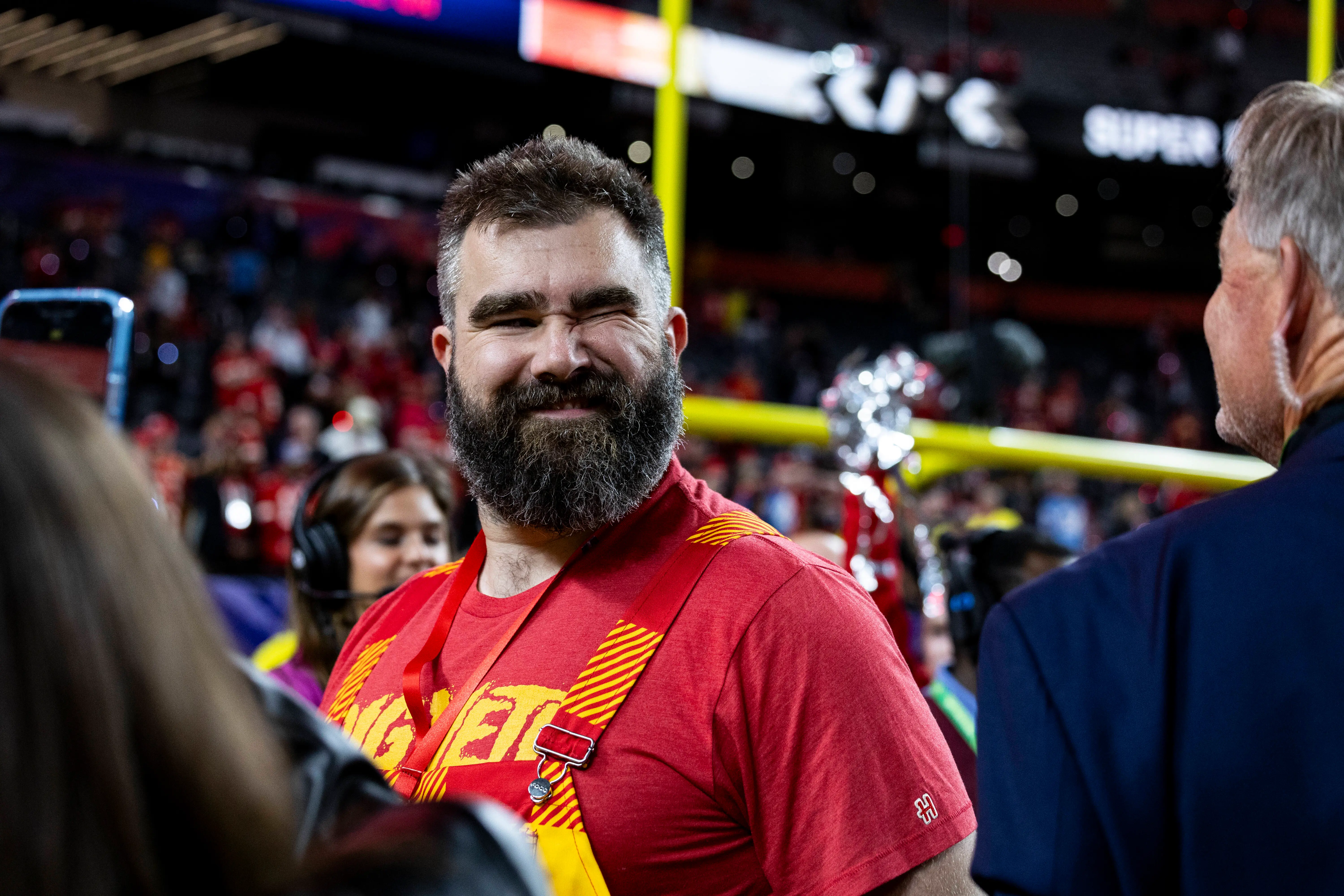 Jason Kelce winks after the Kansas City Chiefs won Super Bowl LVIII against the San Francisco 49ers at Allegiant Stadium on Sunday, February 11, 2024 in Las Vegas, Nevada. (Photo by Lauren Leigh Bacho/Getty Images)