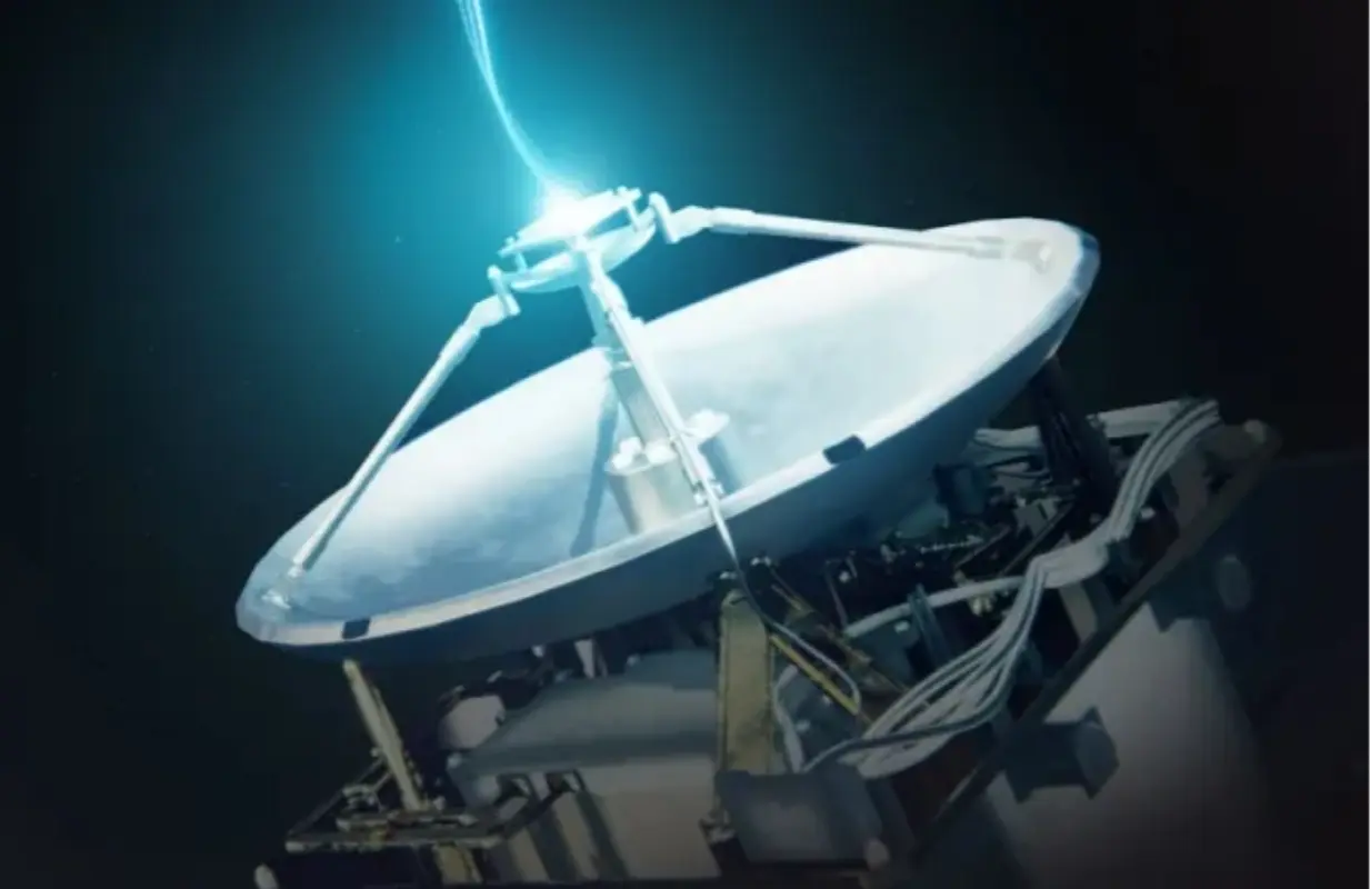 An artist’s concept of the Polylingual Experimental Terminal transmitting data in space (Image via NASA)