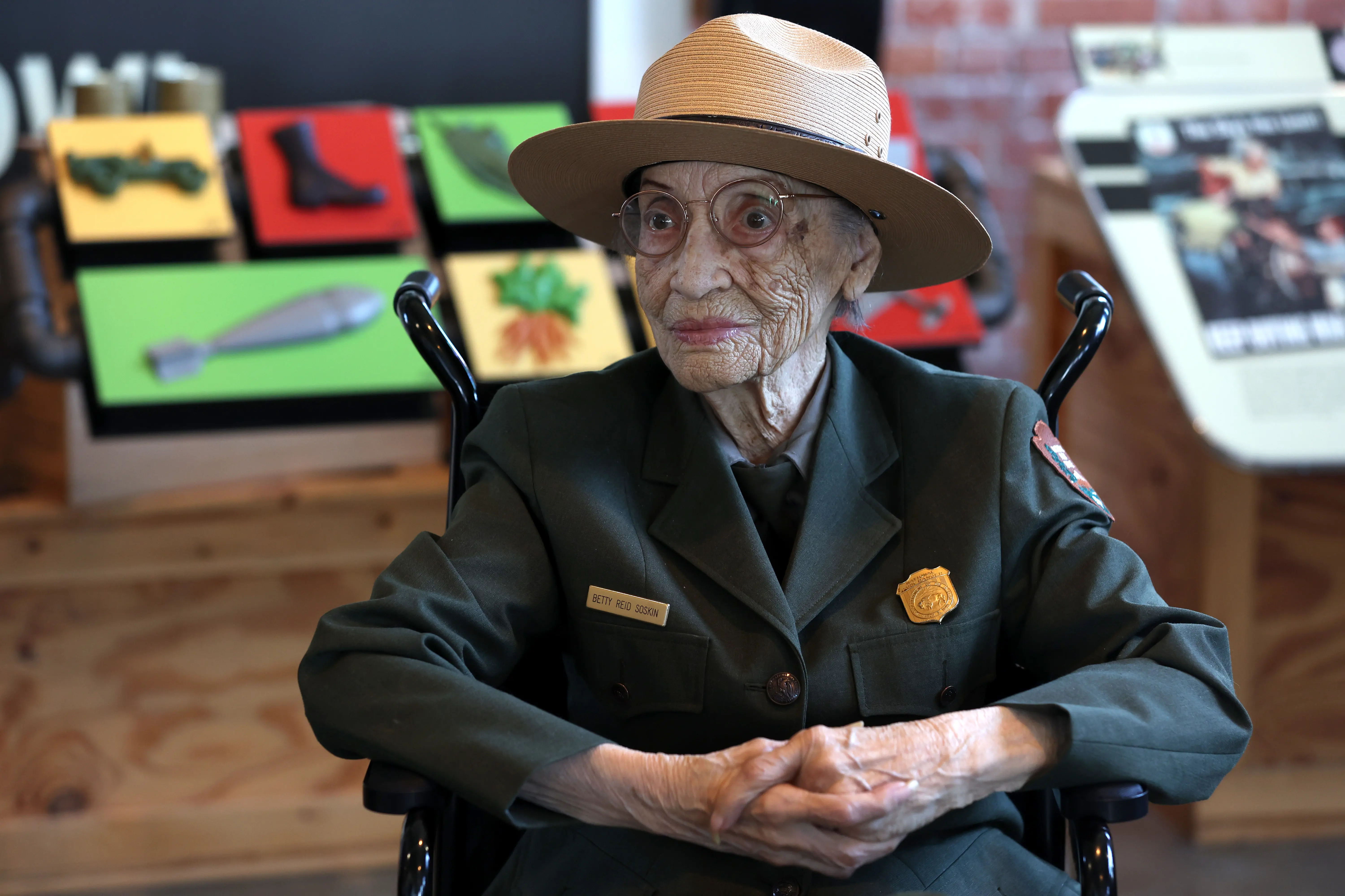 Betty Reid Soskin, the oldest full-time National Park Service ranger in the United States, looks on during a news conference announcing her retirement at the Rosie the Riveter/World War II Home Front National Historical Park on April 15, 2022 in Richmond, California. Betty Reid Soskin retired on March 31 after a decade and a half of serving as a National Park Ranger at the Rosie the Riveter/World War ll Home Front National Park where she shared her personal experience with other women who worked on the World War II home front. (Photo by Justin Sullivan/Getty Images)