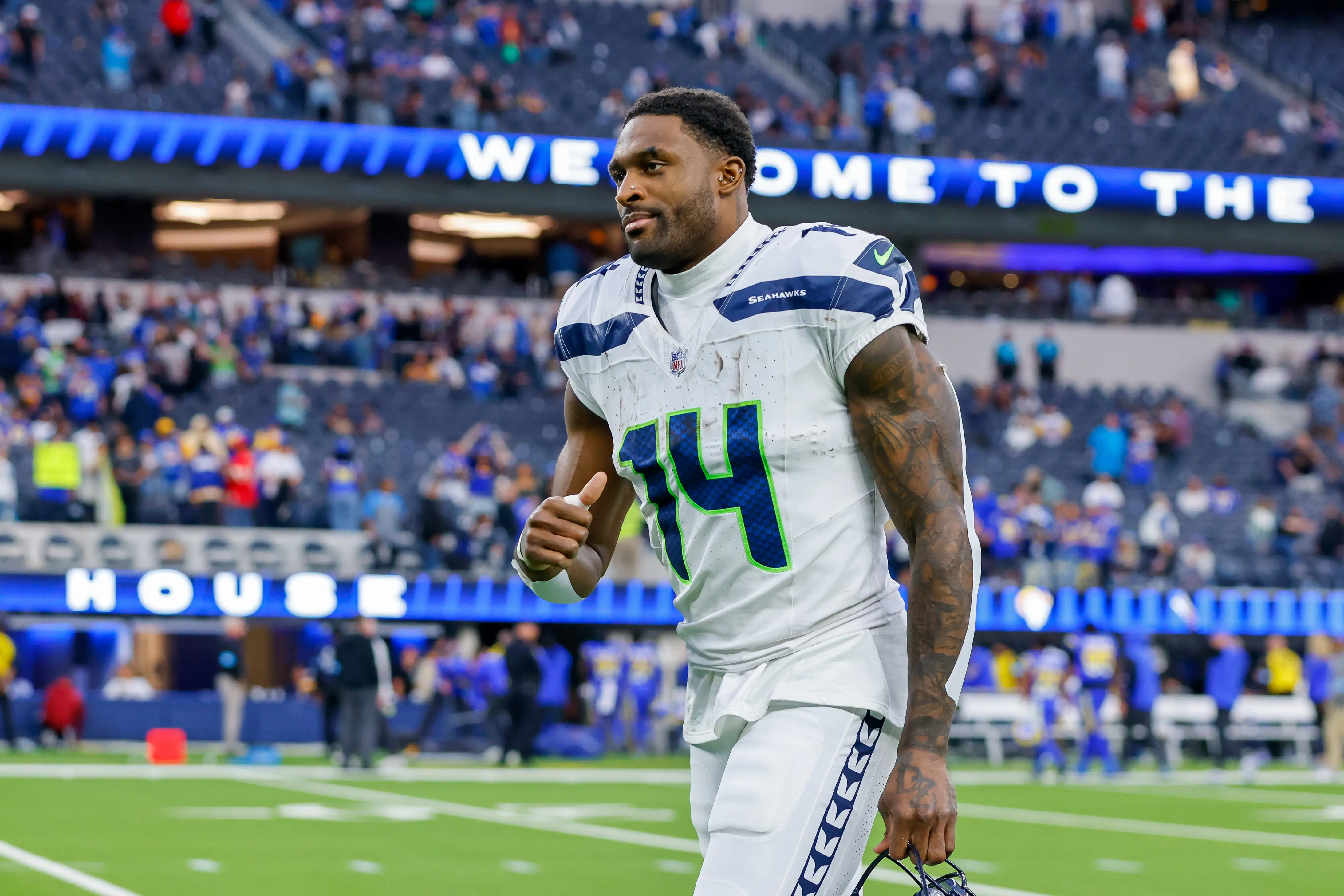 Seattle Seahawks wide receiver DK Metcalf (14) walks off of the field after an NFL game between the Seattle Seahawks and Los Angeles Rams on January 05, 2025, at SoFi Stadium in Inglewood, CA. (Photo by Jordon Kelly/Icon Sportswire via Getty Images)