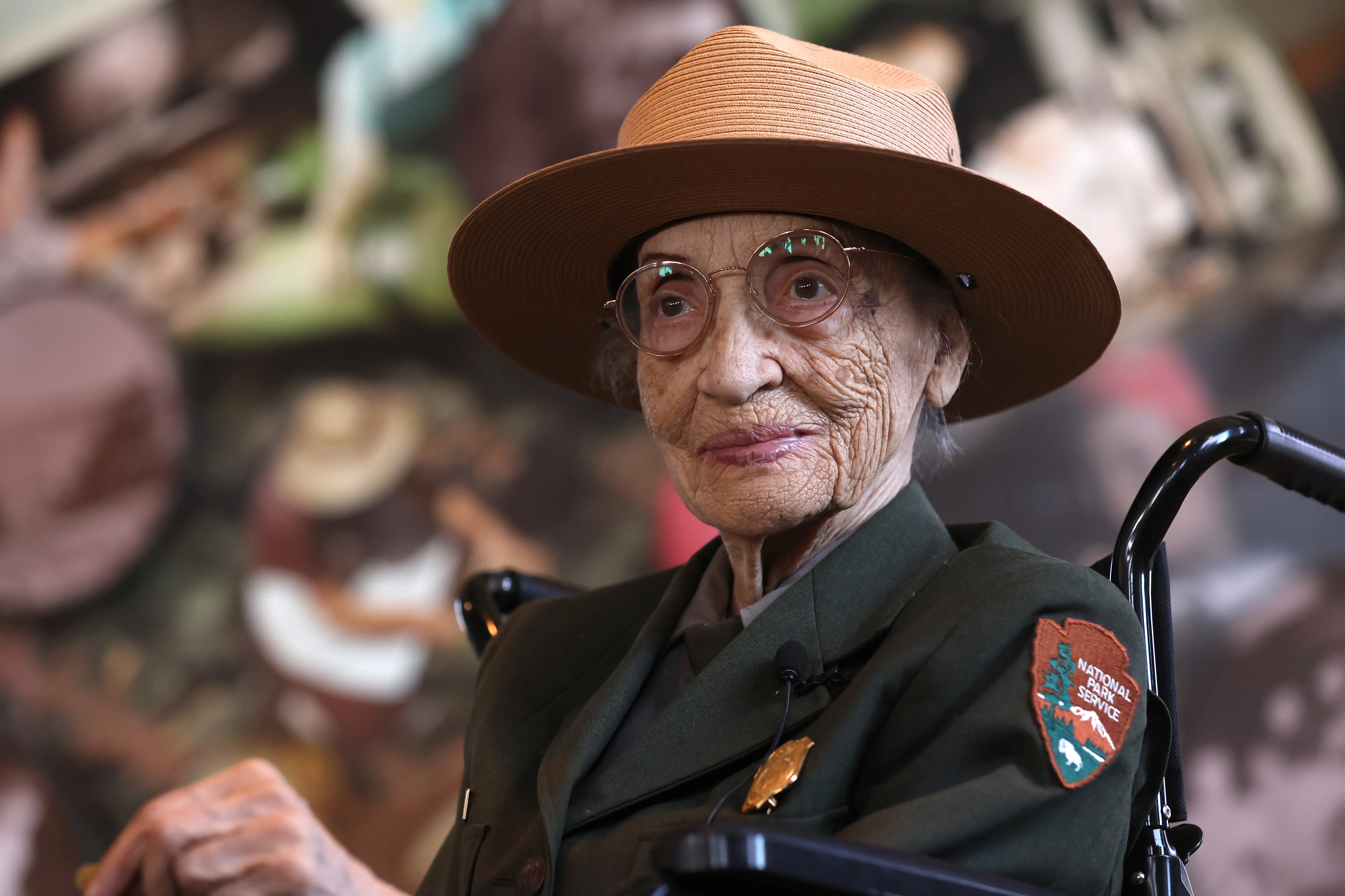 RICHMOND, CALIFORNIA - APRIL 15: Betty Reid Soskin, the oldest full-time National Park Service ranger in the United States, looks on during a news conference announcing her retirement at the Rosie the Riveter/World War II Home Front National Historical Park on April 15, 2022 in Richmond, California. Betty Reid Soskin retired on March 31 after a decade and a half of serving as a National Park Ranger at the Rosie the Riveter/World War ll Home Front National Park where she shared her personal experience with other women who worked on the World War II home front. (Photo by Justin Sullivan/Getty Images)