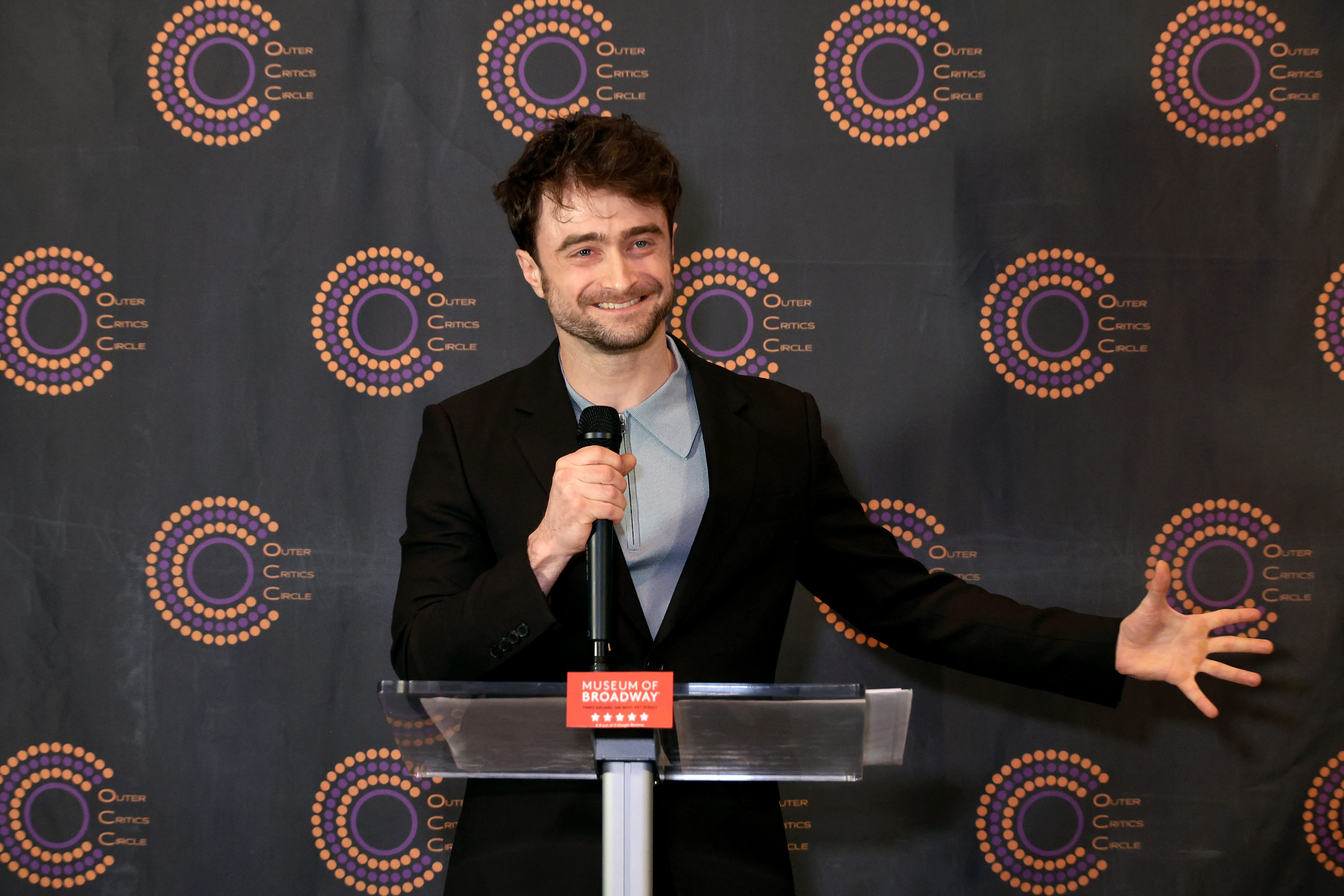 NEW YORK, NEW YORK - APRIL 23: Daniel Radcliffe speaks during the 73rd Annual Outer Critics Circle Awards Nominations at Museum of Broadway on April 23, 2024 in New York City. (Photo by Dimitrios Kambouris/Getty Images)